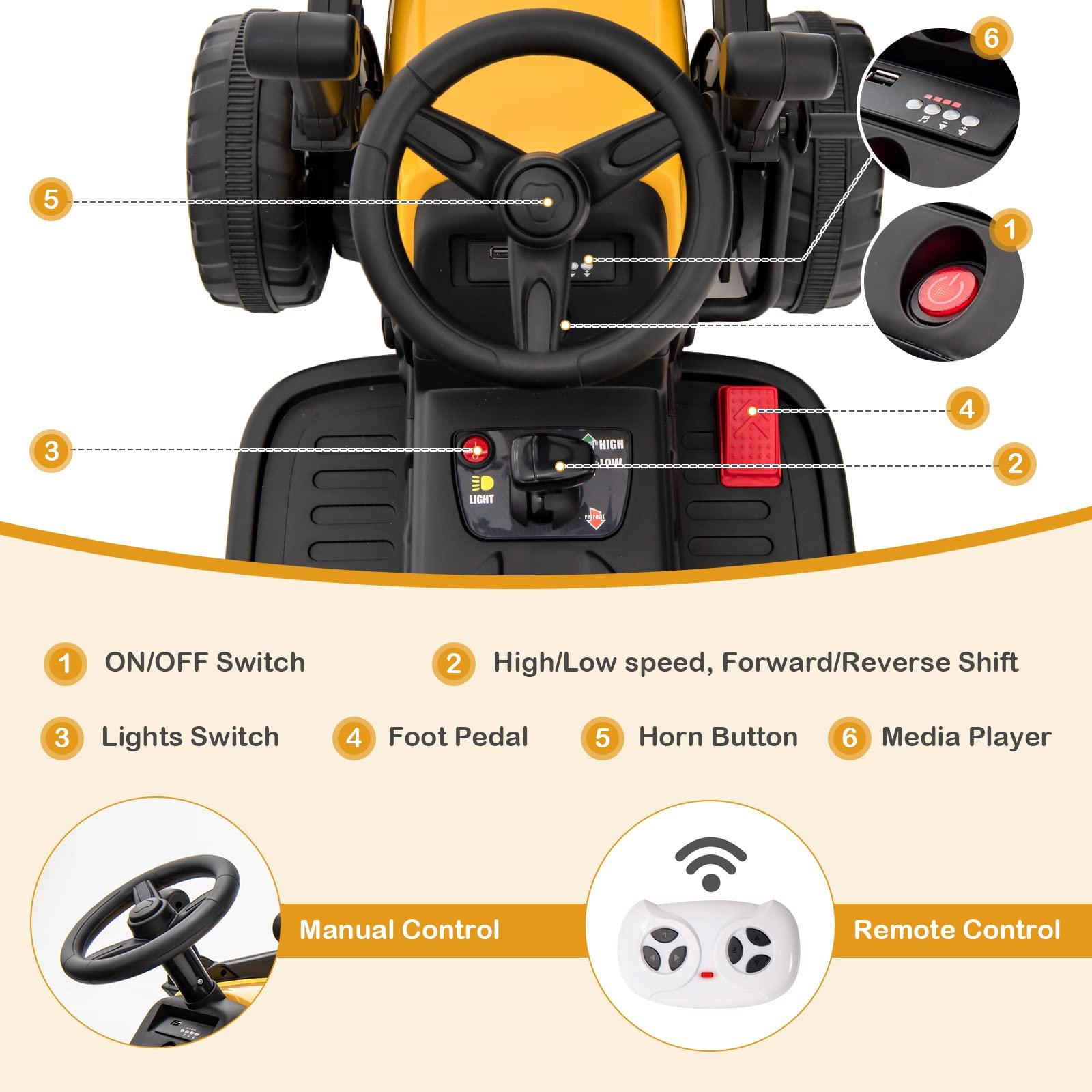 HONEY JOY HONEY JOY Ride On Excavator, 12V Kids Bulldozer Ride On Car w/Remote Control, Electric Construction Vehicle for Kids Digger, 3 Speeds, Adjustable Digging Bucket, Ride On Tractor for Boys Girls(Yellow)