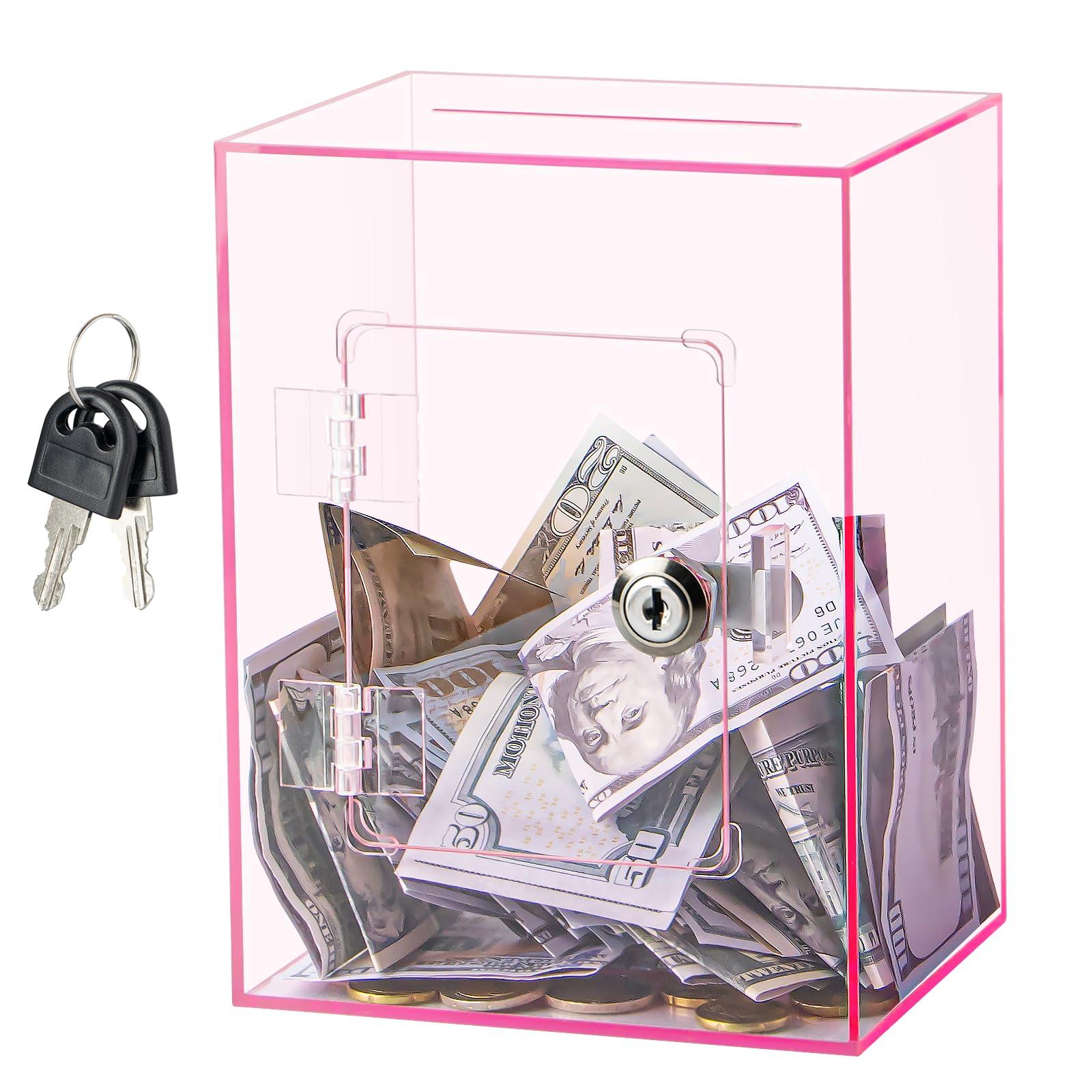 hicocool Hicocool Clear Piggy Bank with Lock, Acrylic Piggy Bank for Adults Kids Openable, Reusable Money Saving Box with Key for Birthday (Pink)