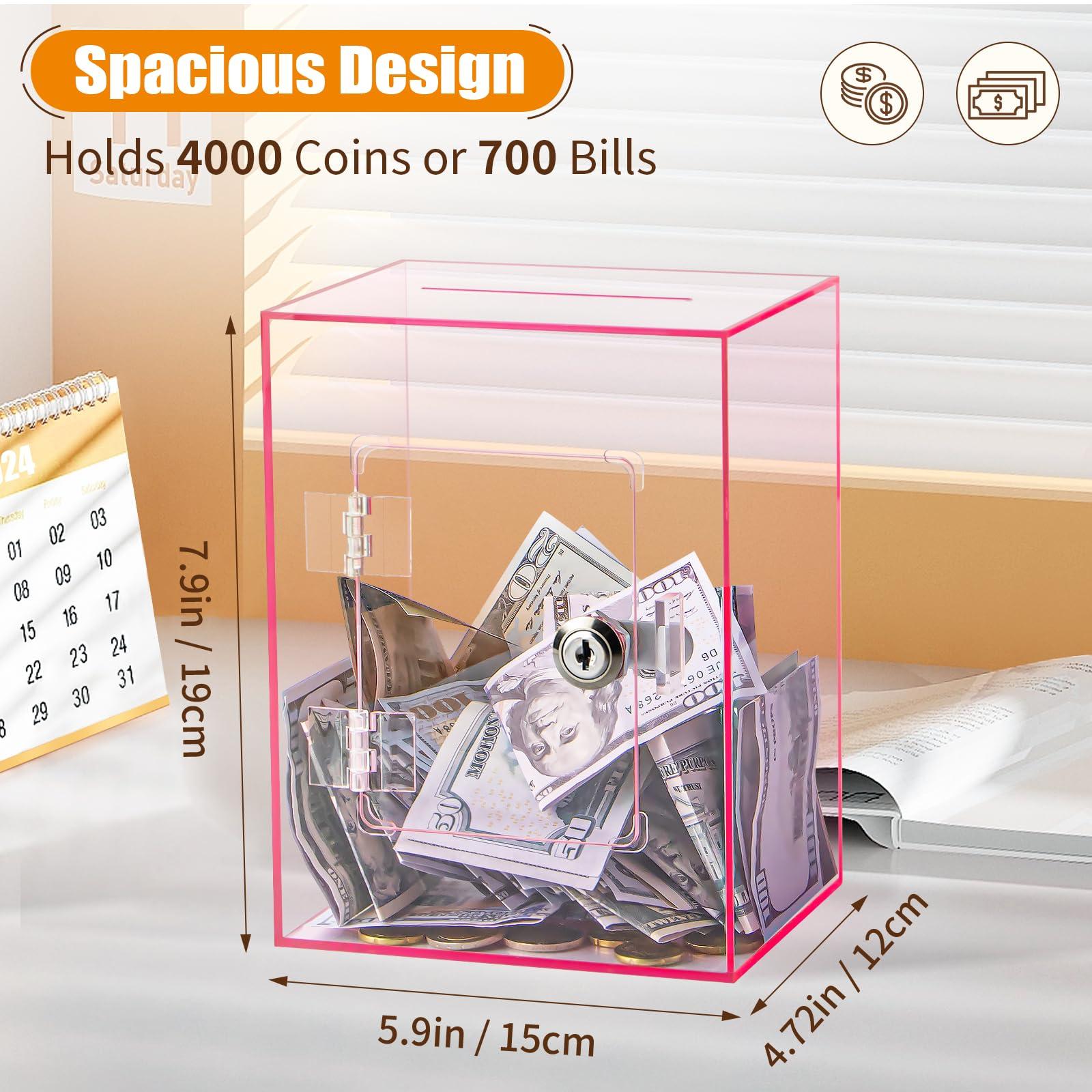 hicocool Hicocool Clear Piggy Bank with Lock, Acrylic Piggy Bank for Adults Kids Openable, Reusable Money Saving Box with Key for Birthday (Pink)