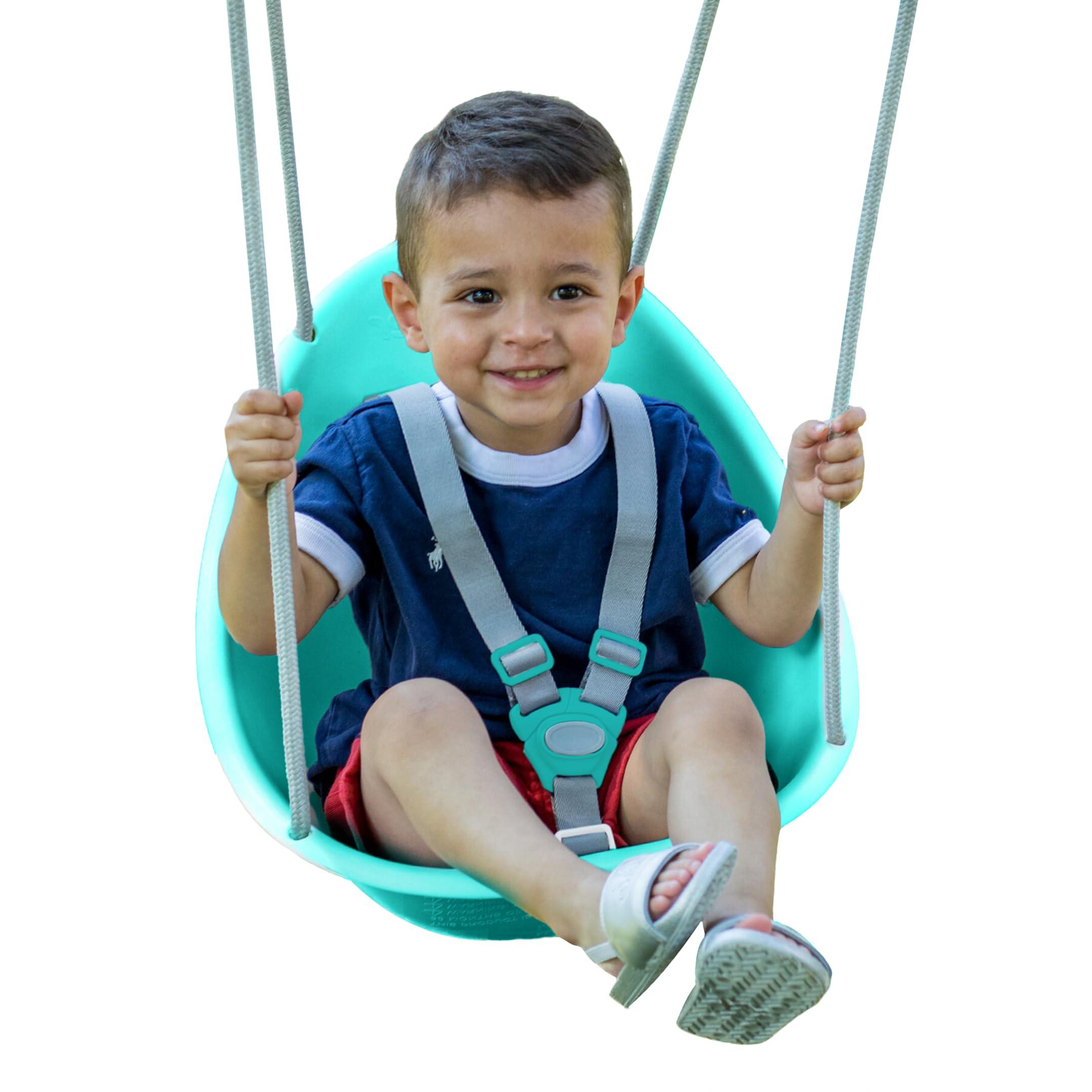 Swurfer Swurfer Coconut Toddler Swing Comfy Baby Swing Outdoor, 3- Point Adjustable Safety Harness, Secure, Safe Quick Click Locking System, Blister-Free Rope, Easy Installation, Teal