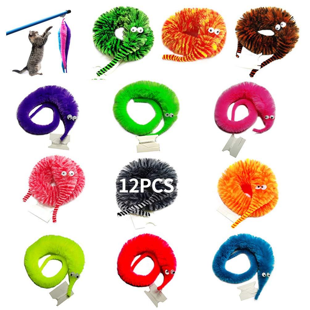 SHENGSEN SHENGSEN 12 Pieces Fuzzy Worm Toys String Pets Fuzzy Worms On String Bulk Trick Toy Party Favors for Kid Cat (12 Colors)