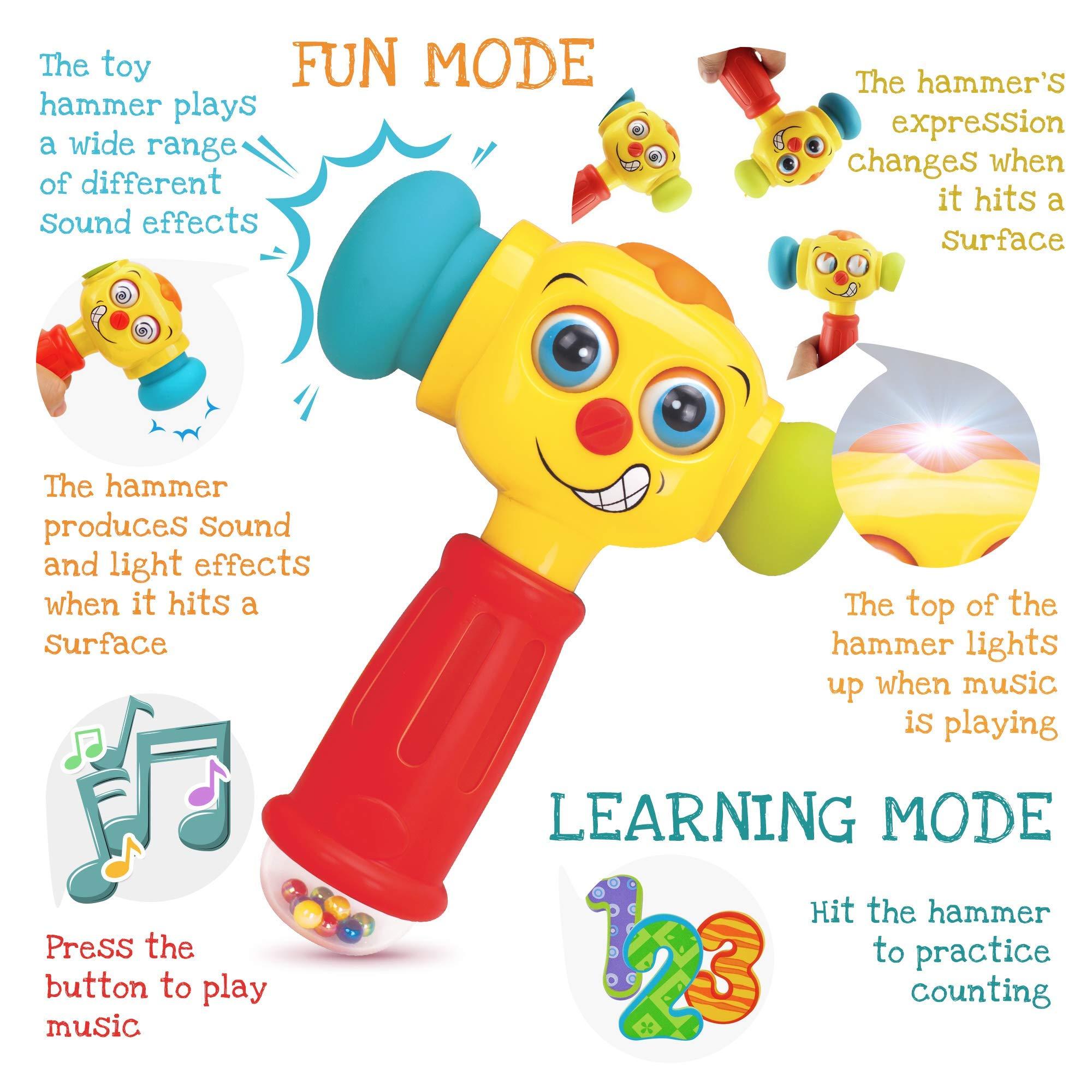 Stone and Clark Toy Hammer w/Lights, Learning Mode and Music Mode Baby Hammer Toy Plays 6 Short Kids\' Songs, Counts 1-10 w/Baby, Changes Funny Expressions and Lights Up for Kids 12 Months and Older