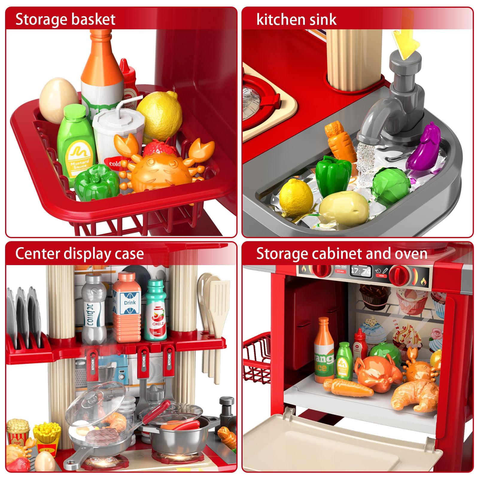 WATUDOU Kids Kitchen Playset for Toddlers, Kids Play Kitchen Set with Sounds and Lights for Toddlers 3-5 6-8, Pretend Food Toy Kitchens Christmas Birthday Gifts for Toddlers Kids 3 4 5 6 7 8 Years Old