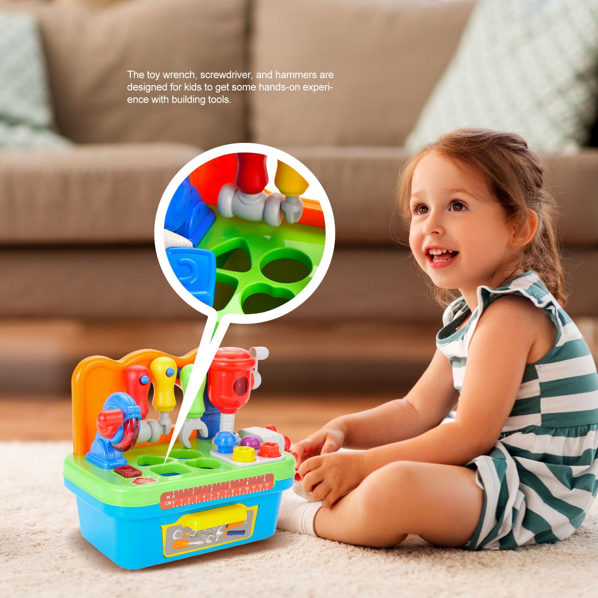 PowerTRC Toddler Tool Bench Toys for 1 Year Old Boy, Kids Tool Bench Toys for Toddlers 1-3, Multifunctional Early Learning Tool Toy Baby Workbench Toy with Light & Sound, Baby Tool Set with Shape Sorter
