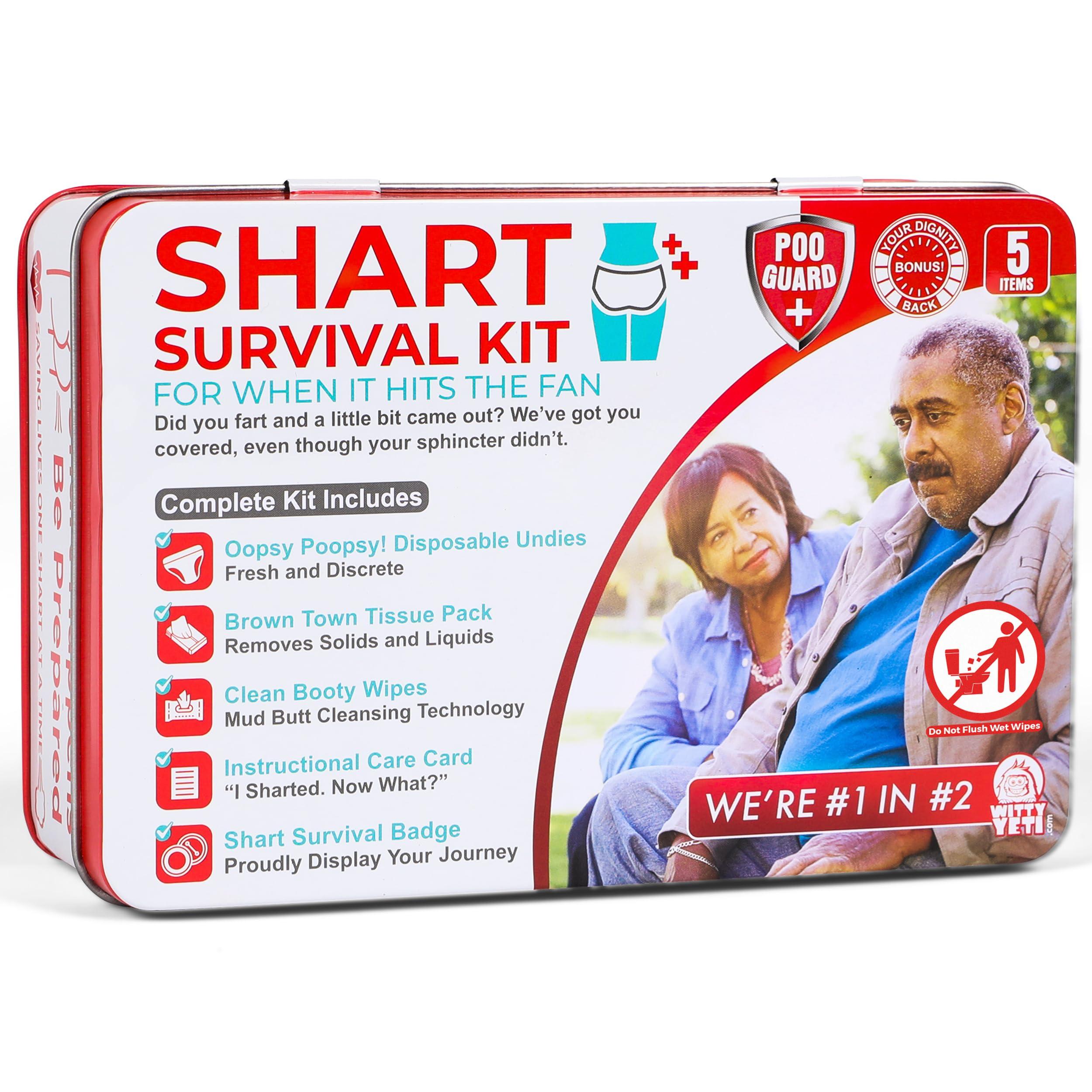 Witty Yeti Funny Shart Survival Kit by Witty Yeti. Ultimate Poop Prank Gag Gift Set Contains Wet Wipes, Disposable Underwear, Tissues and Hilarious Badge. Novelty Fart Potty Pack Great for Friends or Family
