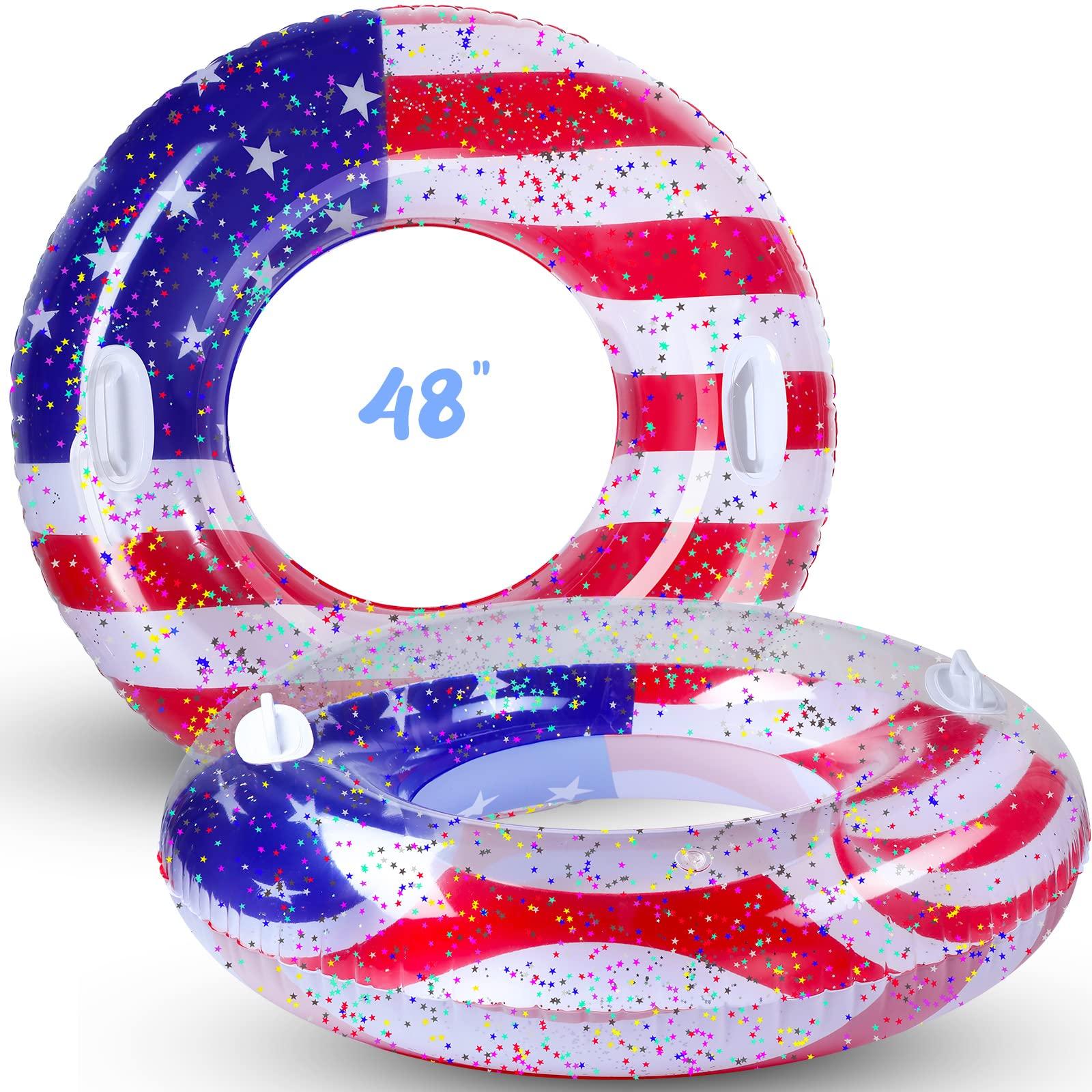 Leitee Leitee 2 Pcs Patriotic Inflatable Pool Float Tube with Handles USA Flag Inflatable Pool Float with Confetti Design Swimming Ring Float Summer Floaties for Adults Kid Beach Party (48 inch)