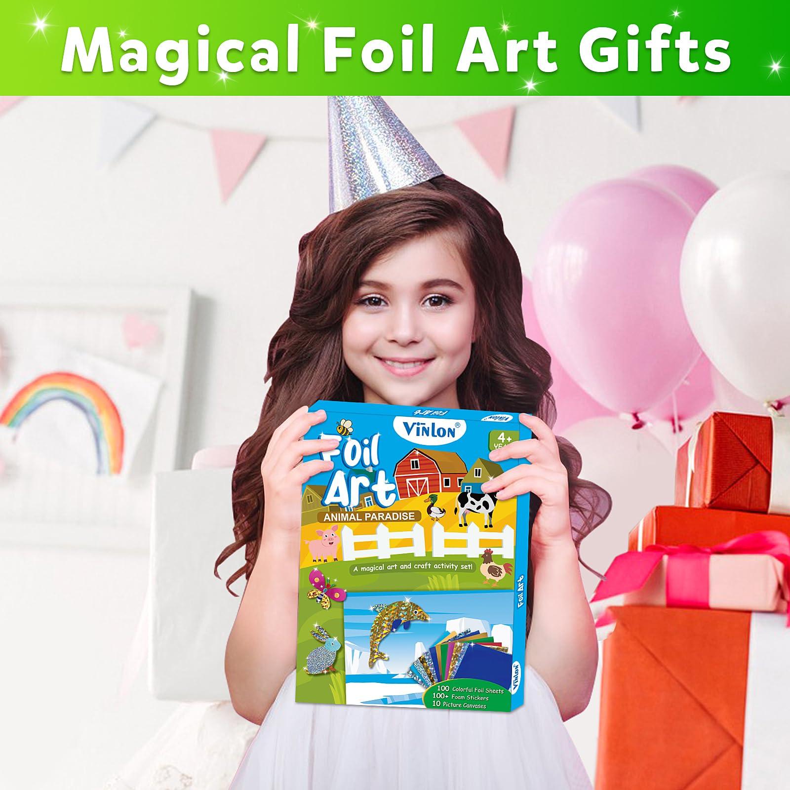 Vinlon Vinlon Foil Art Kit for Kids - Foil Fun Arts and Crafts, Mess Free Kids Travel Activities Toys, DIY Craft Supplies, Valentine Easter Birthday Gifts for Boys and Girls Ages 4 5 6 7 8 9 10 Years Old