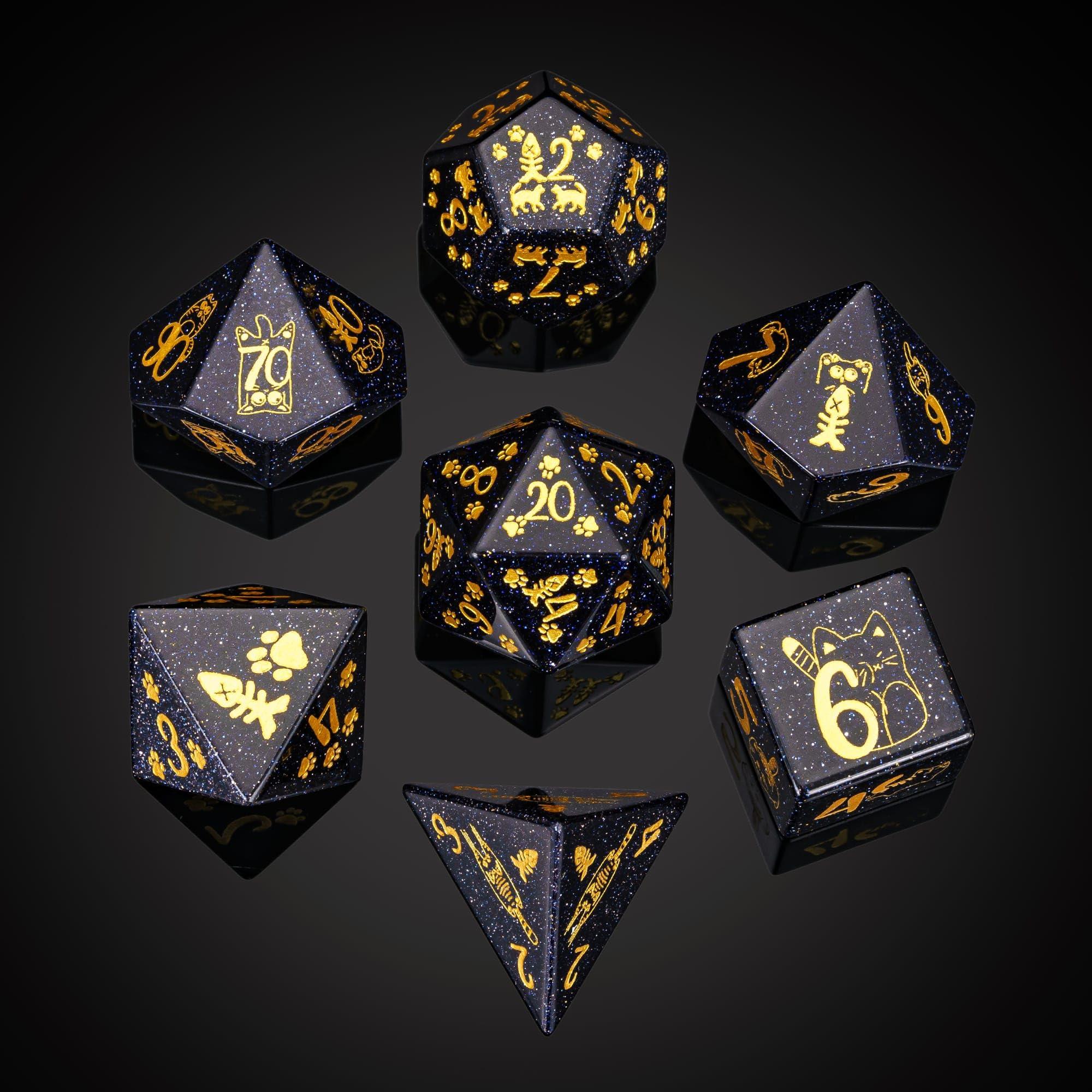 UDIXI UDIXI Gemstone DND Dice Set Blue Sandstone Dice with Cute Cat Pattern, Stone Dice for Dungeons and Dragons Tabletop Game