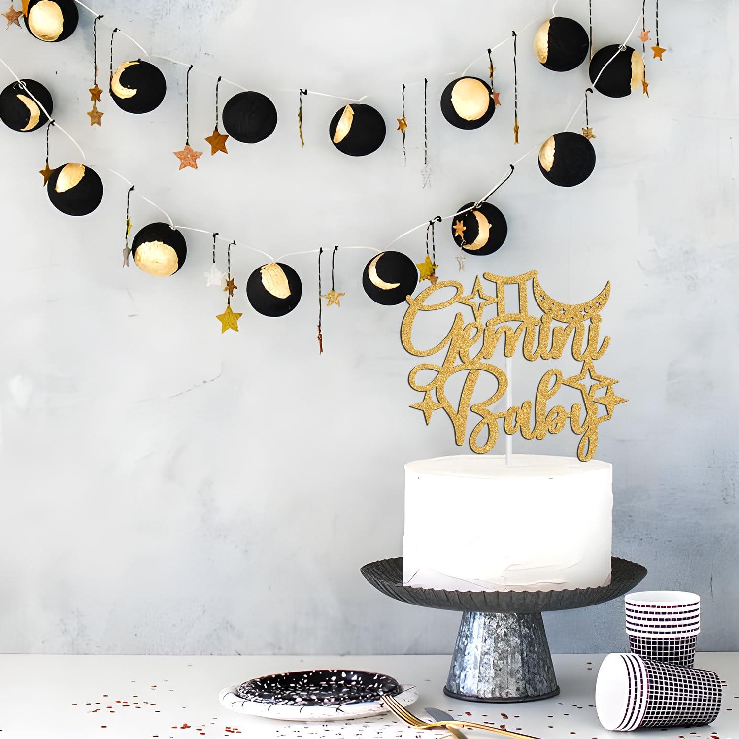 Tivurcia Gemini Baby Birthday Cake Topper - 12 Zodiac Gemini Season/Welcome Baby, Horoscope, Astrology Birthday/Baby Shower Party Decorations Supplies, Gold Glitter