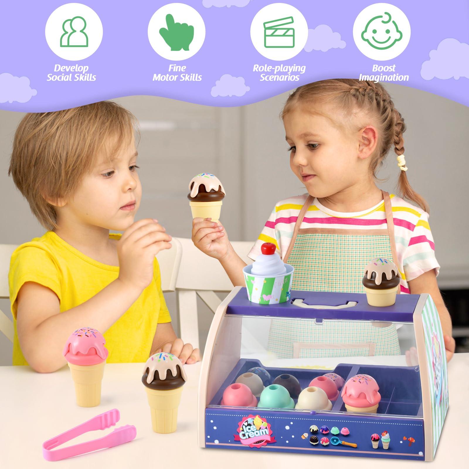 FRIEET Ice Cream Toys for Kids, Toddler Pretend Play Kitchen Food Accessories, Ice Cream Counter Playset, Pretend Food Toys for 3 4 5 6 Year Old Girls & Boys, Christmas Birthday Toys Gift for Kids