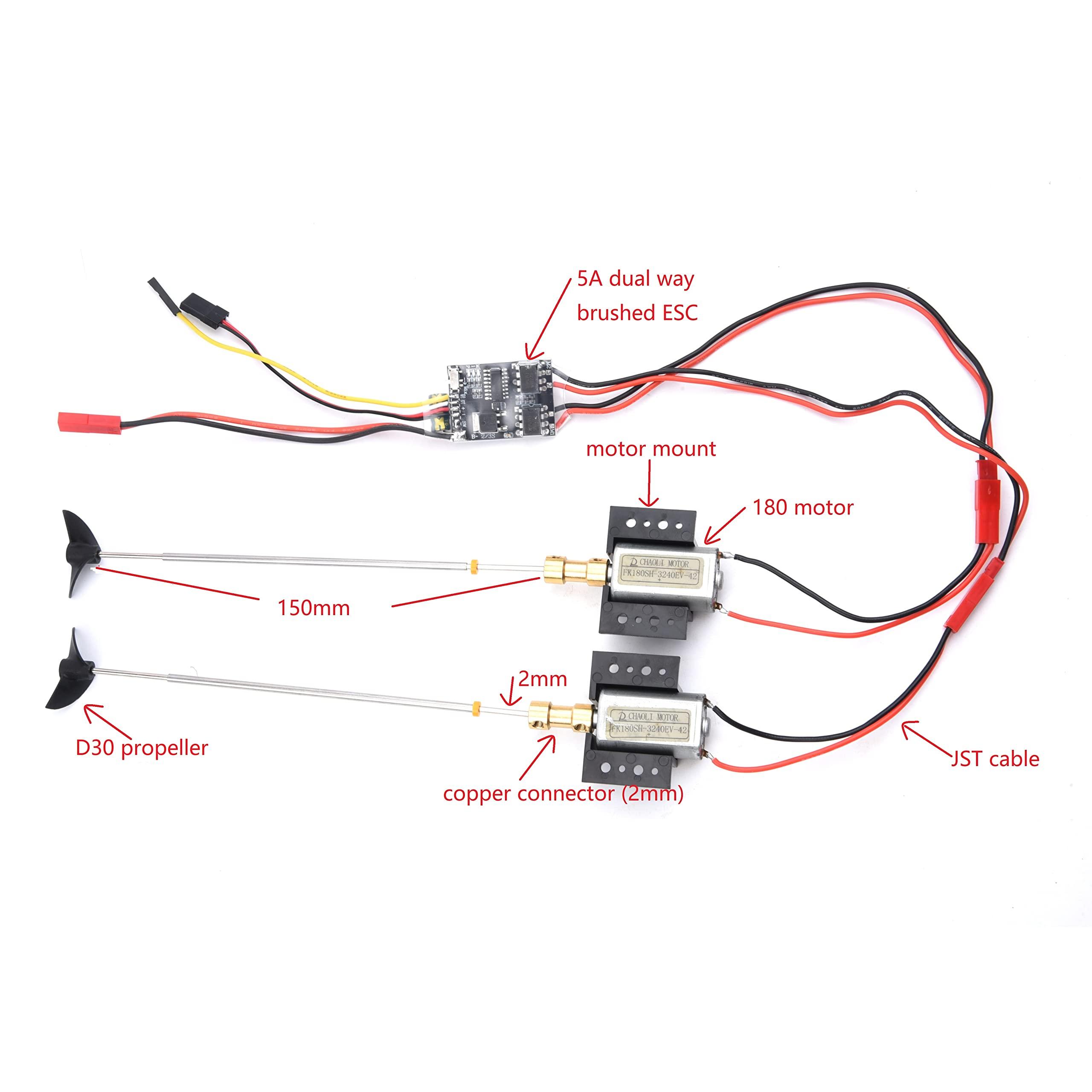 YoungRC YoungRC Dual Way Bidirectional Brushed ESC RC 5A Brushed ESC 2S-3S RC ESC Speed Control+180 Motors 3V-9V Strong Magnetic Motor Kit with Motor Mount+Drive Shaft+D30 Propeller+Couplings for RC Boats