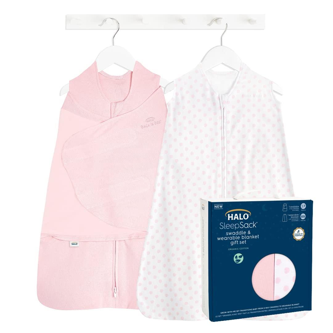 HALO HALO Sleepsack Swaddle 3-6 Months and Wearable Blanket 6-12 Months 100% Organic Cotton 2-Piece Gift Set with Box, TOG 1.5, Strawberry