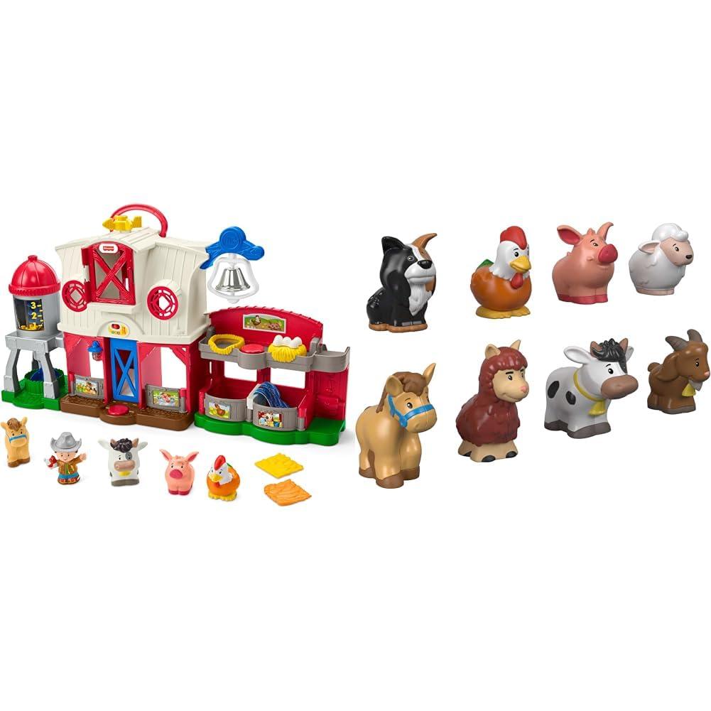 Fisher-Price Bundle of Fisher-Price Little People Toddler Learning Toy Caring for Animals Farm Interactive Playset with Smart Stages + Little People Toddler Toys Farm Animal Friends 8-Piece Figure Set