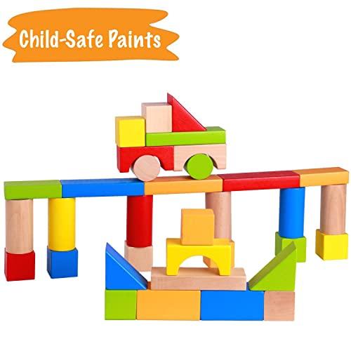 Pidoko Kids Pidoko Kids Wooden Blocks - 100 Pcs - Building Blocks for Toddlers - Includes Storage Container with Shape Sorter Top - Hardwood Plain & Colored Wood Blocks - Preschool Block Learning Toys