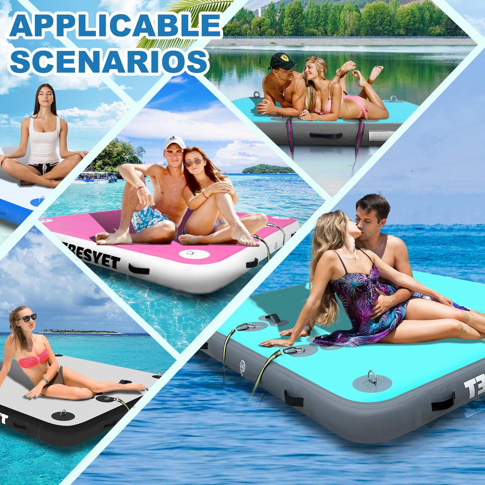 VEBESYET VEBESYET Inflatable Floating Dock Platform, 8ft 6.6ft 8" Inflatable Dock Floats Multi Person Floating Island Raft for Lake Pool Beach Ocean