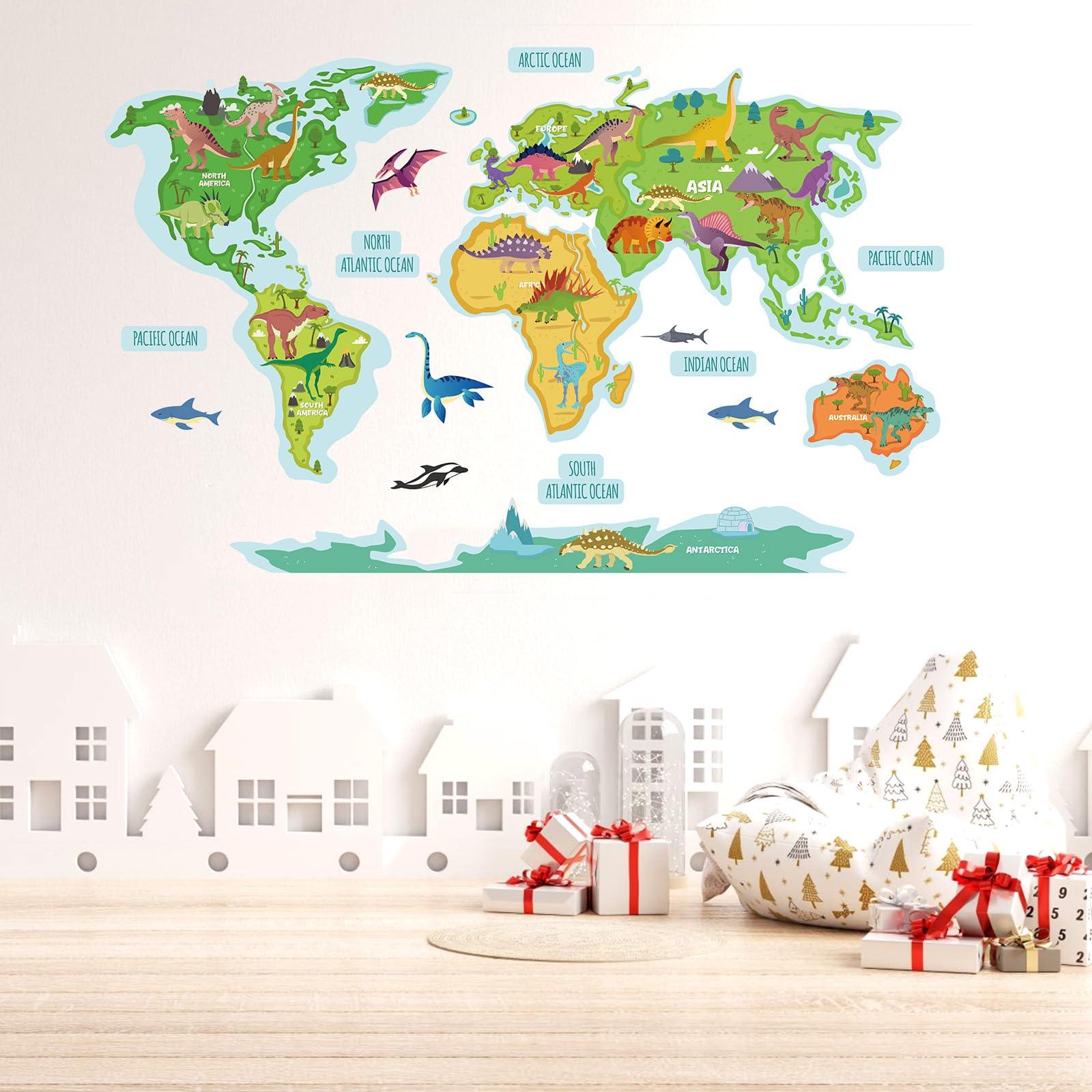 NQEUEPN 2pcs Dinosaur World Map Wall Stickers, Kids Room Wallpaper Removable Animals World Map Wall Decal Vinyl Mural Art for Classroom Boys Girls Nursery Bedroom Living Room Home Decor