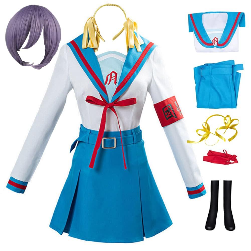 Lioskey Lioskey Suzumiya Haruhi Cosplay Costume School Girl Uniform Sailor Outfit Dress Full Set Suit(coatume+wigS)