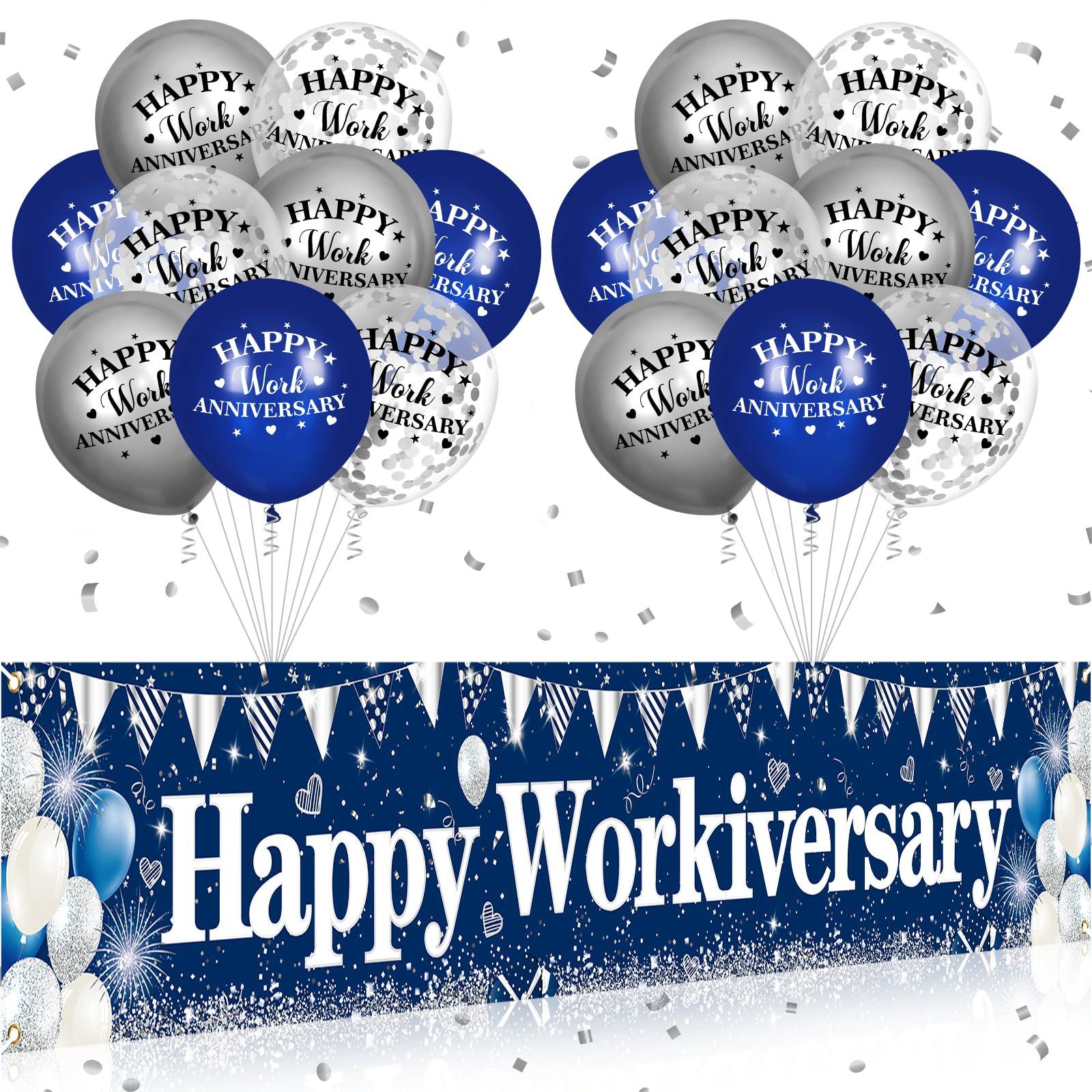 Yoirrat Happy Work Anniversary Decorations Banner Blue Happy Workiversary Banner Yard Sign with 18 Pcs Balloons for Office Anniversary Party Decoration Employee Appreciation Banner Office Party Supplies