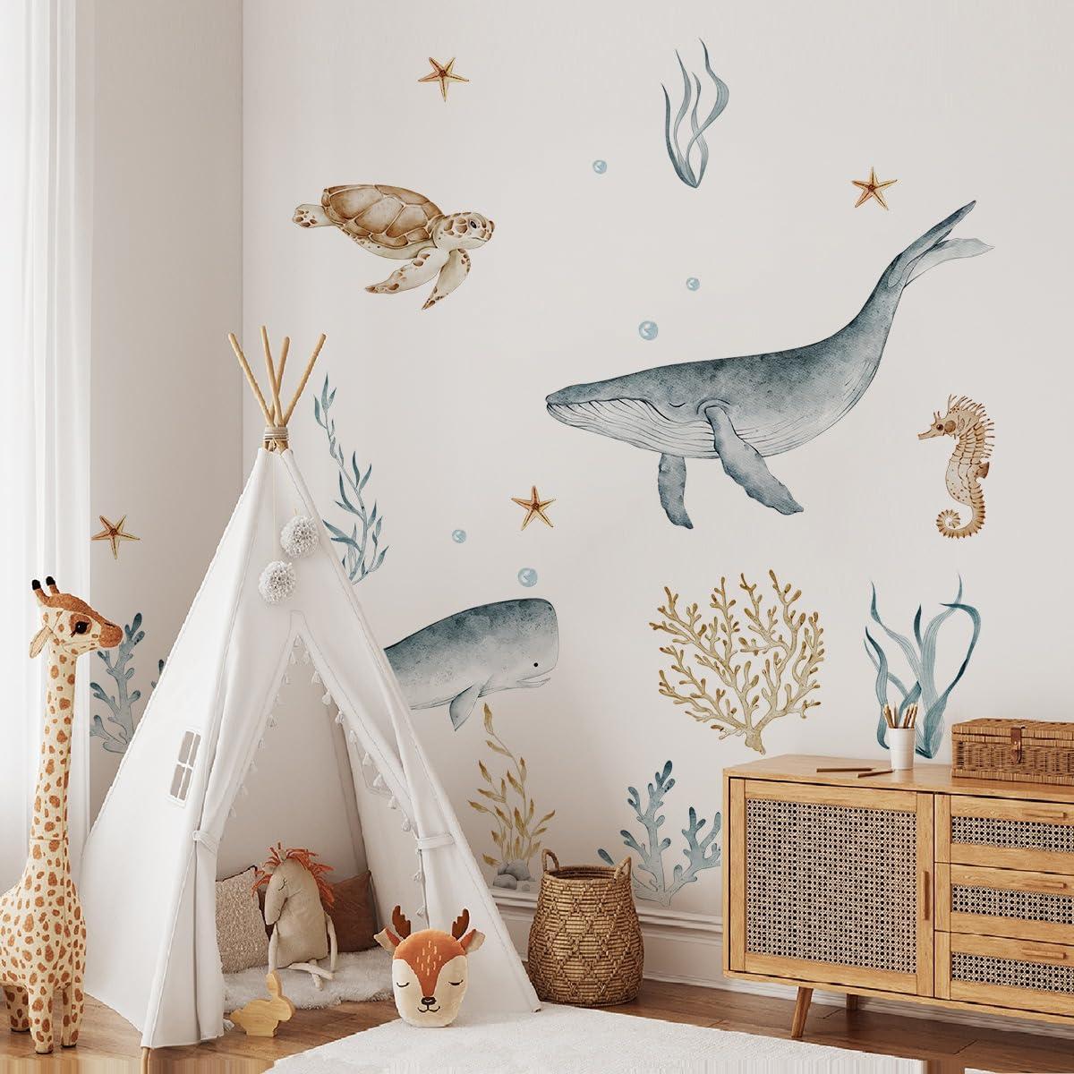 NXUEBDU NXUEBDU Under The Sea Wall Decals Large Whale Shark Wall Stickers Ocean Animals Wall Decals Baby Kids Boys Girls Room Bedroom Wall Decor