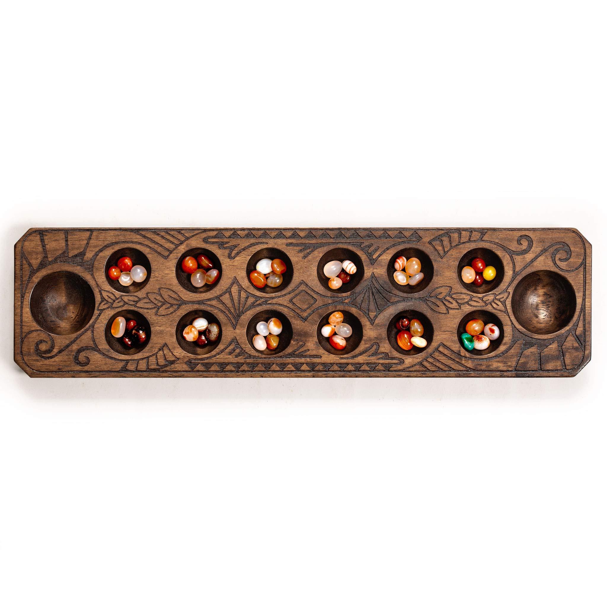 Yellow Mountain Imports Yellow Mountain Imports Mancala Set with 17.3-Inch Solid Wood Board and Quartz Pebble Playing Pieces