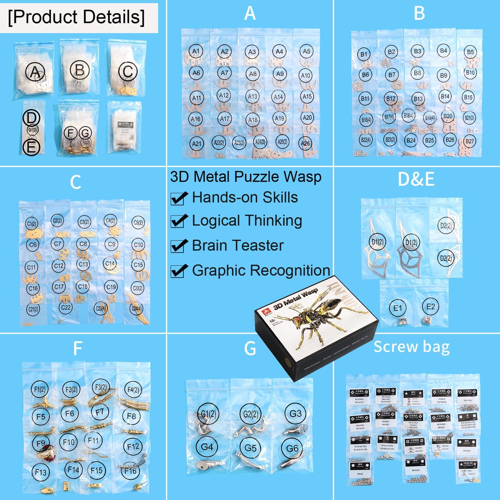 OreilleStar 3D Metal Puzzles for Adults: Northern Giant Hornet Metal Model Kits, 3D Metal Puzzle Mechanical Wasp Building Blocks, Difficult DIY for Assembly, Birthday Gifts for Men (3D Metal Wasp-Silver Gold)