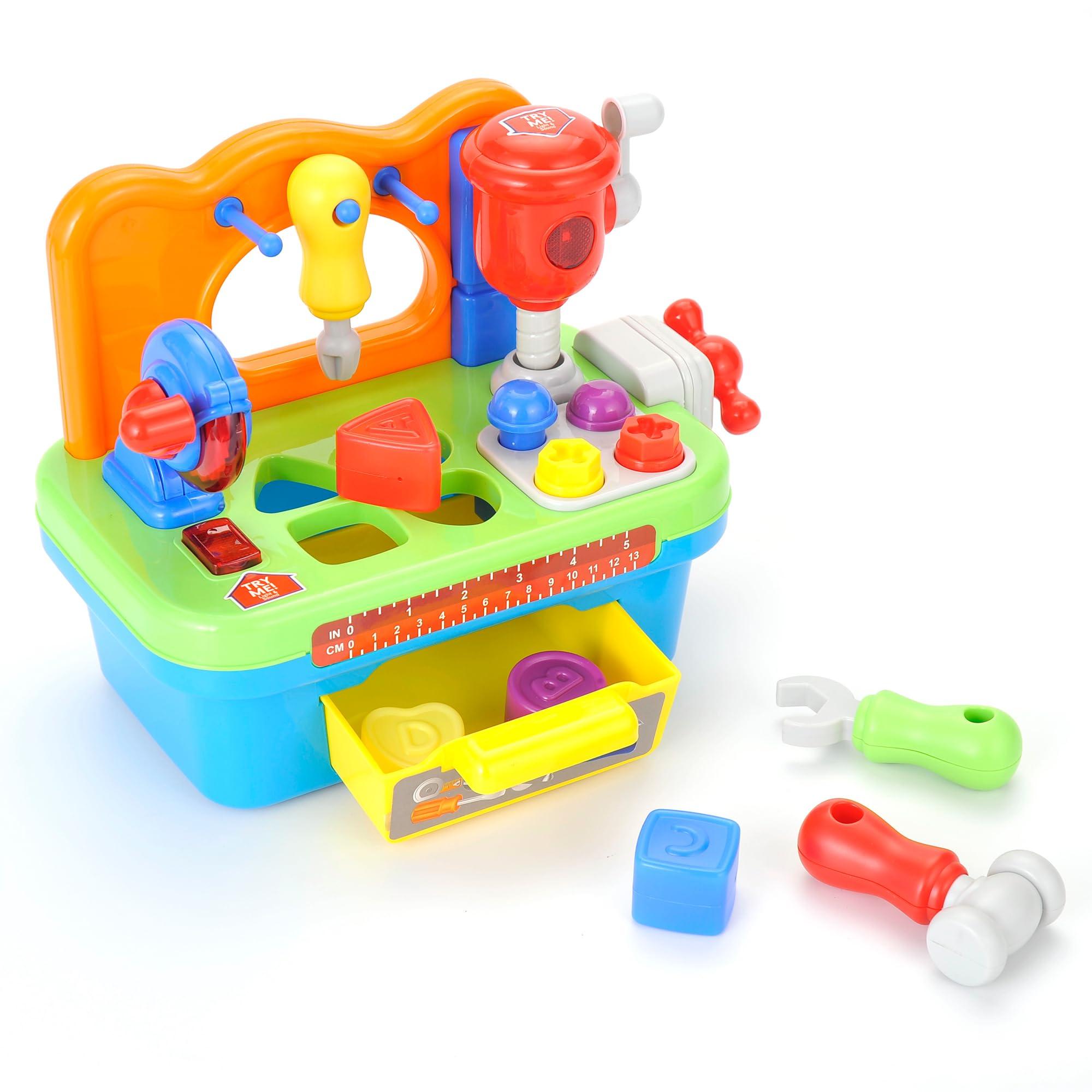 PowerTRC Toddler Tool Bench Toys for 1 Year Old Boy, Kids Tool Bench Toys for Toddlers 1-3, Multifunctional Early Learning Tool Toy Baby Workbench Toy with Light & Sound, Baby Tool Set with Shape Sorter