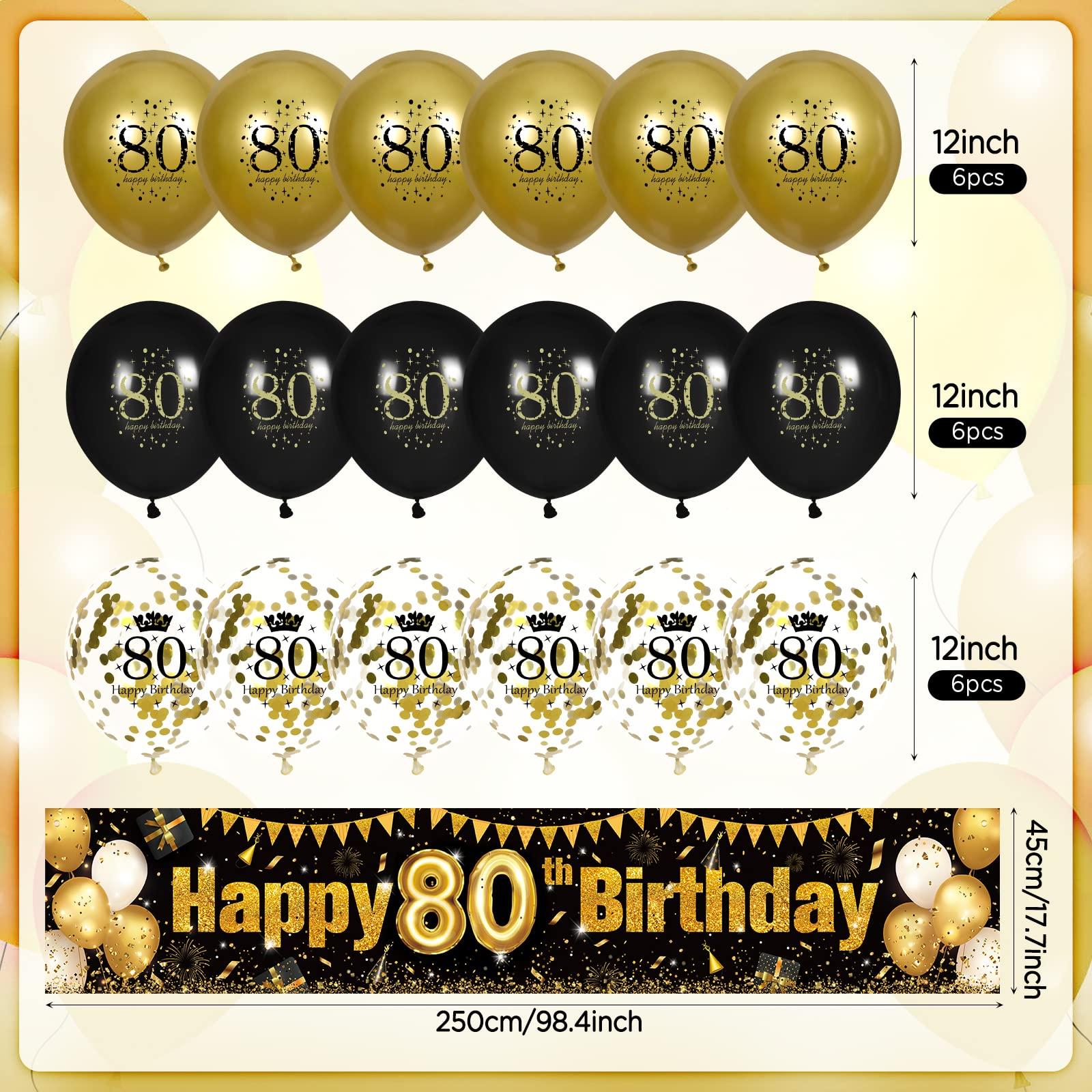 RUMIA 80th Birthday Decorations for Men Women Black and Gold, Black Gold Birthday Yard Banner Sign and 18 PCS 80th Happy Birthday Balloons for 80th Anniversary Birthday Party Supplies Outdoor Yard Decor