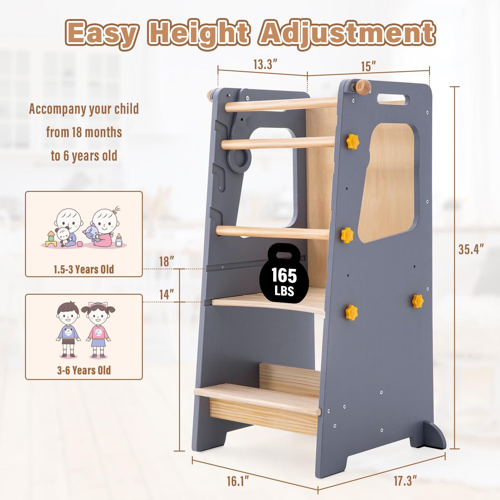 Aokkto Aokkto 4 in 1 Toddler Kitchen Tower, Kids Kitchen Stool Helper, Standing Tower with Convertible Table and Chair, Toddler Step Stool with Adjustable-Height,Whiteboard and Safety Rail for Kitchen, Gray