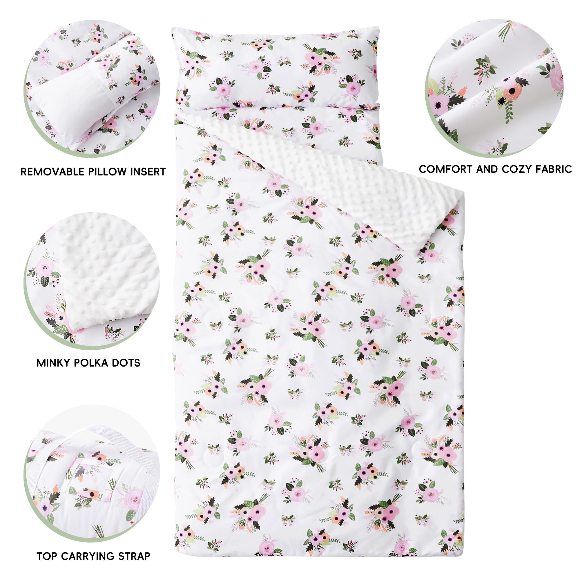 Bunnikins & Clover Bunnikins & Clover Toddler Nap Mat with Removable Pillow, Cotton Nap Mats for Preschool, Easy Clean Toddler Sleeping Mat for Kindergarten, Kids Sleeping Bag for Travel Camping