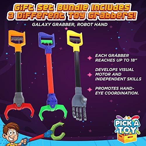 PICK A TOY Interactive Toy Grabber, Robot Hand and Robotic Claw, 3 Pc Set, Fun Early Learning and Hand-Eye Coordination Play, Long 18 Inch Arm, Strong Grasping Tool