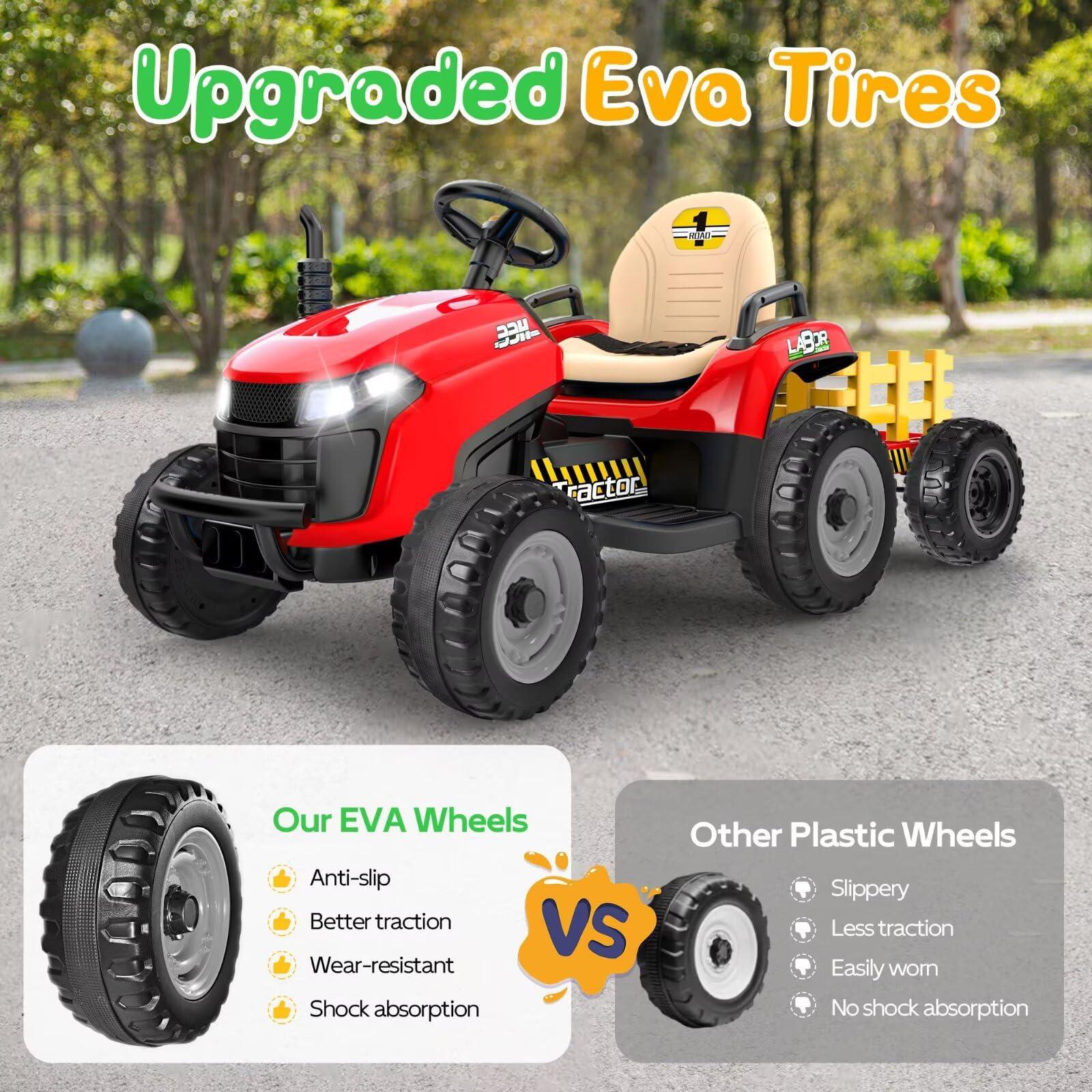 ANPABO ANPABO 24V Ride On Tractor w/Tiltable & Detachable Trailer, EVA Tires, Up to 4.3Mph, Ride On Toys with Parental Remote, Realistic Tractor Sound & Chimney, Music Player, LED Light, Red