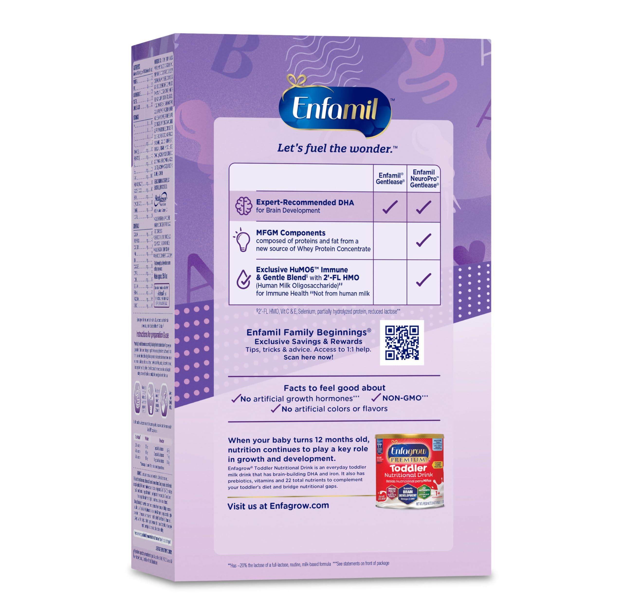 Enfamil Enfamil NeuroPro Gentlease Baby Formula, Brain Building DHA, HuMO6 Immune Blend, Designed to Reduce Fussiness, Crying, Gas & Spit-up in 24 Hrs, has Prebiotics to Promote Softer Stools, Baby Milk, 35.2 Oz (Pack of 4)