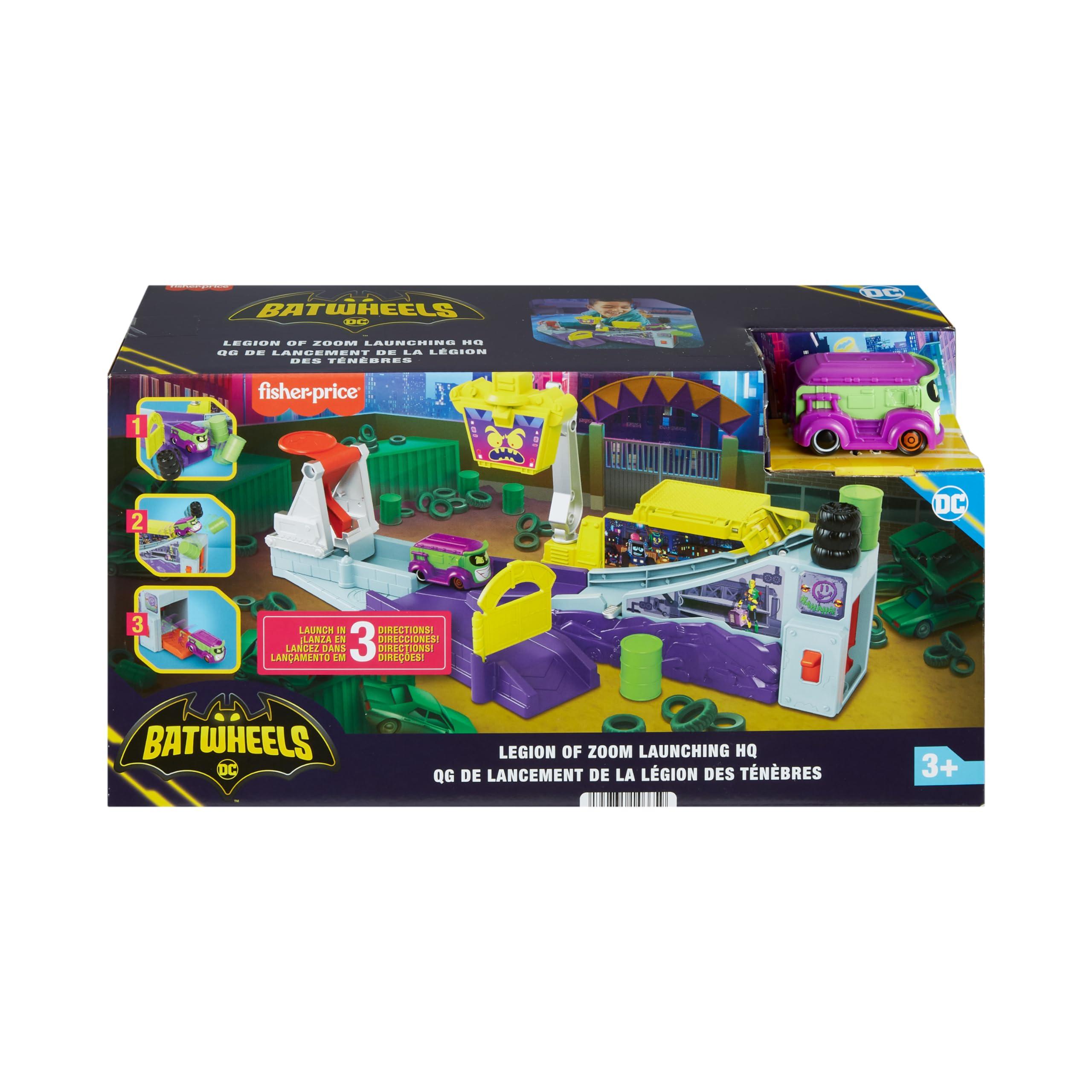 Fisher-Price Fisher-Price DC Batwheels Toy Car Playset, Legion of Zoom Launching HQ with Ramp & Launcher Plus Prank The Joker Van, Ages 3+ Years, HNP07