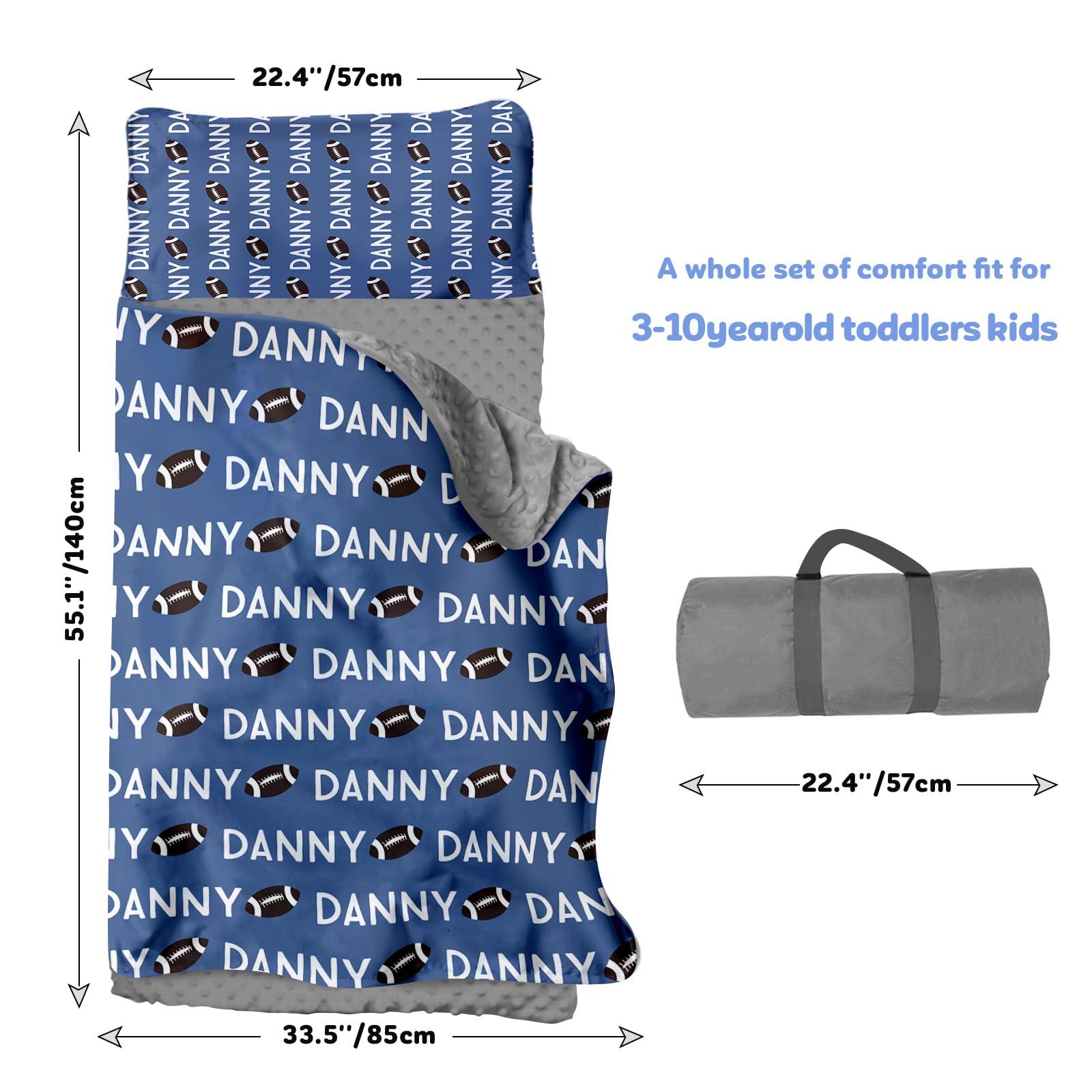 Evulum Custom Toddler Nap Mat for Daycare Sleeping Bag for Boys, Kids Nap Mats with Pillow Blanket for Preschool Kindergarten, Personalized Name Easy Carry Nap Sack Blue Football