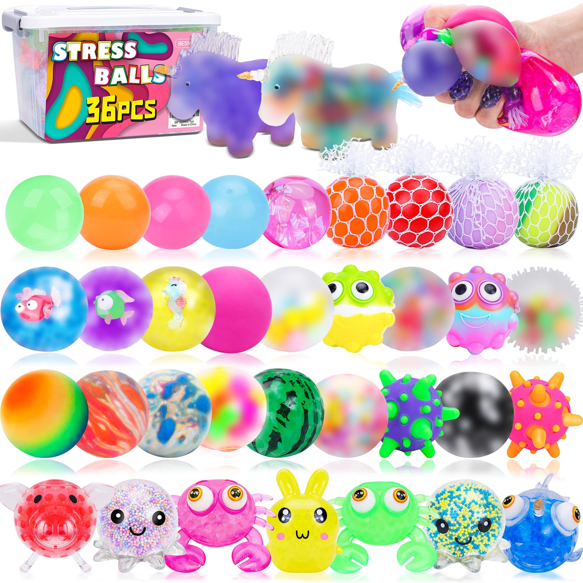 BESNEL 36 Pack Stress Balls, Squishy Balls, Squishy Fidget Stress Relief, Squeeze Ball for Adults Stress Relieve, Prize Box for Friends, Party Favors