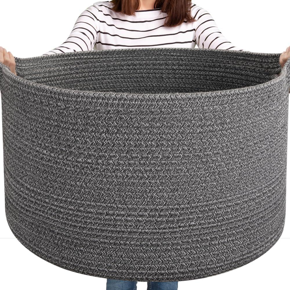 OIASKET OIASKET Large Woven Baskets for Storage, 22.8" x 22.8" x 13" Blanket Basket Living Room, Baby Toy Storage Basket, Big Laundry Basket for Clothes, Pillows, Towels, Shoe Basket for Entryway (Dark Grey)