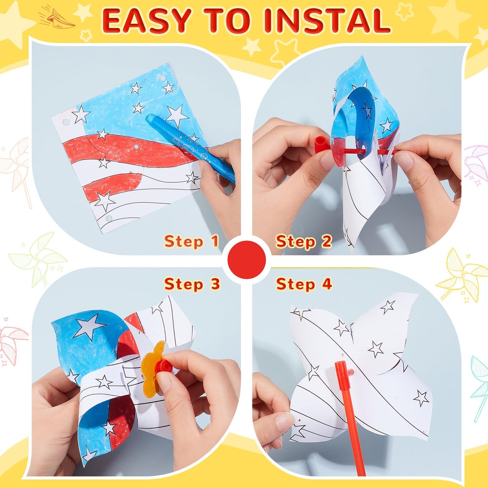 Simgoing 50 Pcs DIY Pinwheels Craft White Blank Paper Pinwheels Patriotic Craft Bulk Spring Summer Craft Kit for Kids Fun Carnival Arts and Craft Activity Daycare Project Party Favor