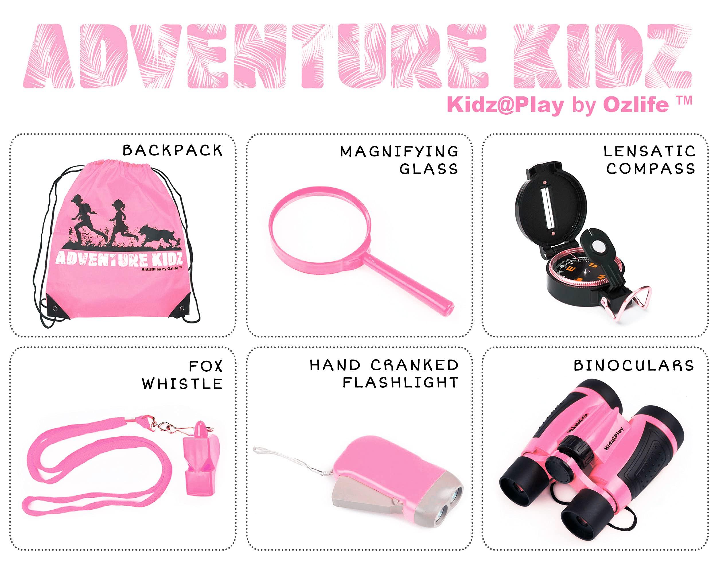Kidz@Play Adventure Kidz - Outdoor Exploration Kit, Binoculars with Case, Flashlight, Compass, Whistle, Magnifying Glass, Backpack, Bundle (28 Items)