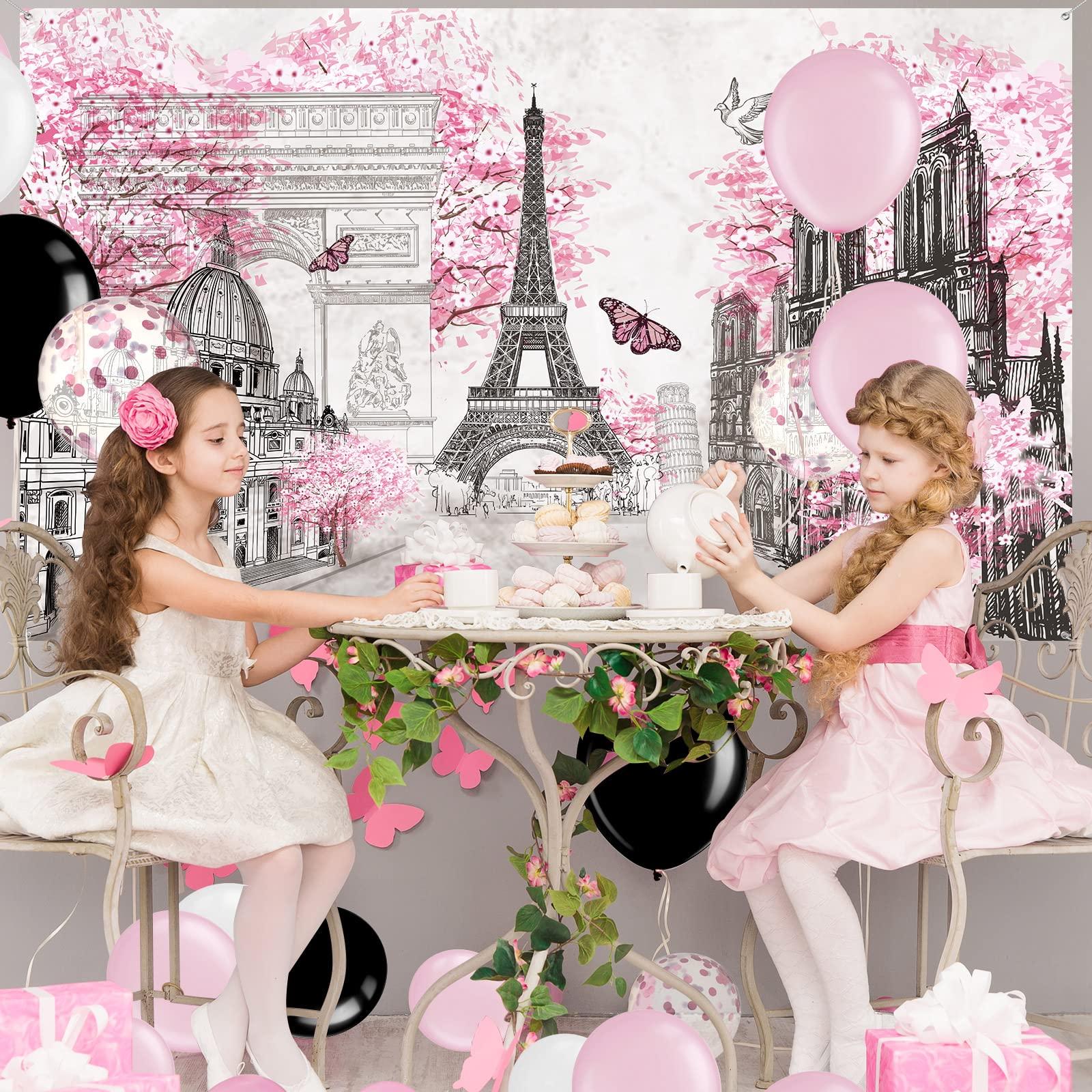 Sumind 76 Pcs Paris Party Supplies Set Pink Paris Theme Party Decoration Eiffel Tower Party Backdrop White Pink Black Balloon Arch Garland Kit for Kid Boy Girl Birthday Decoration