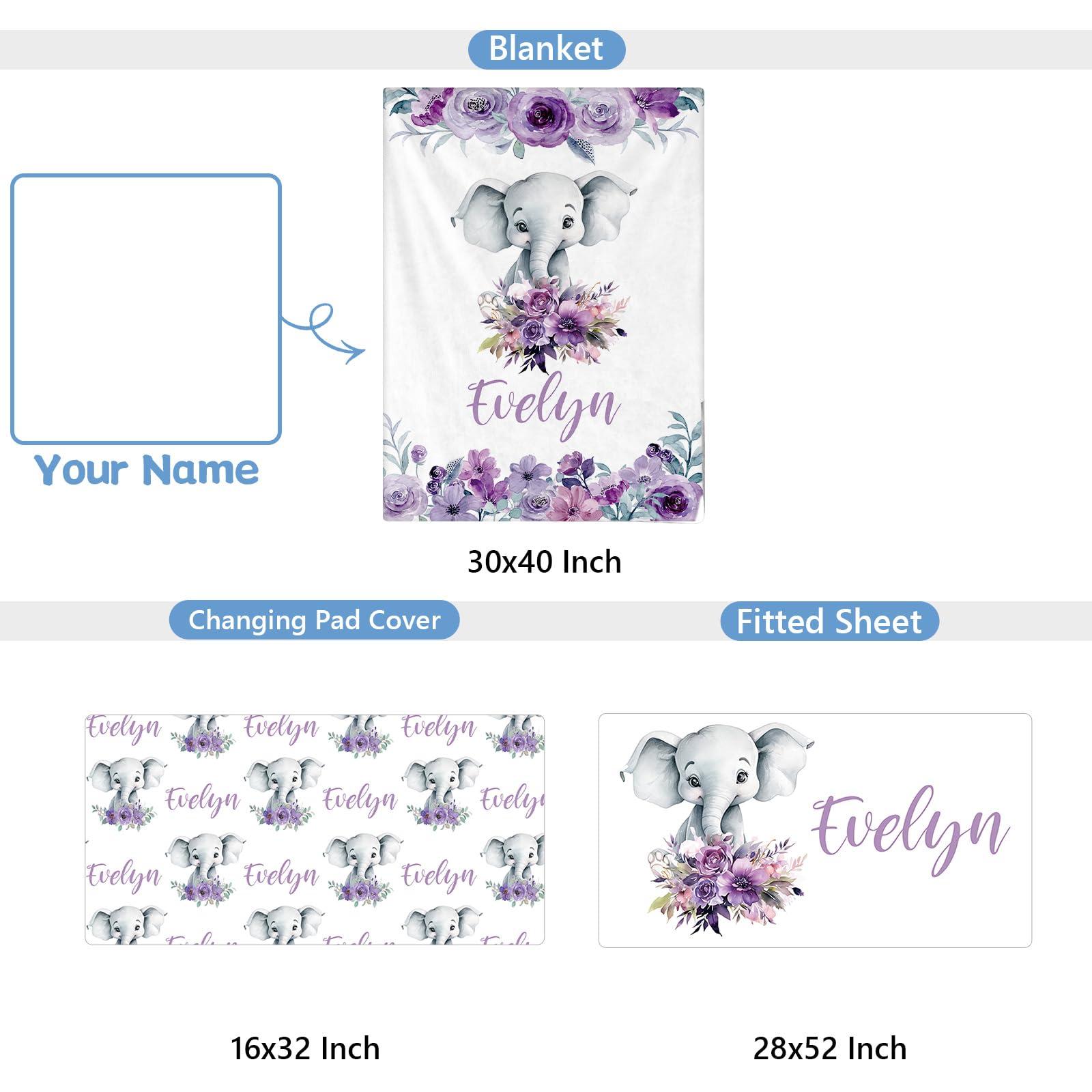 KAINSY KAINSY Custom Baby Crib Bedding Set, 3 Pcs Personalized Baby Crib Sets with Name, Purple Elephants Bedding Set, Baby Bedding Crib Sets for Baby Girls, Customized Gifts for Toddlers Kids Infants