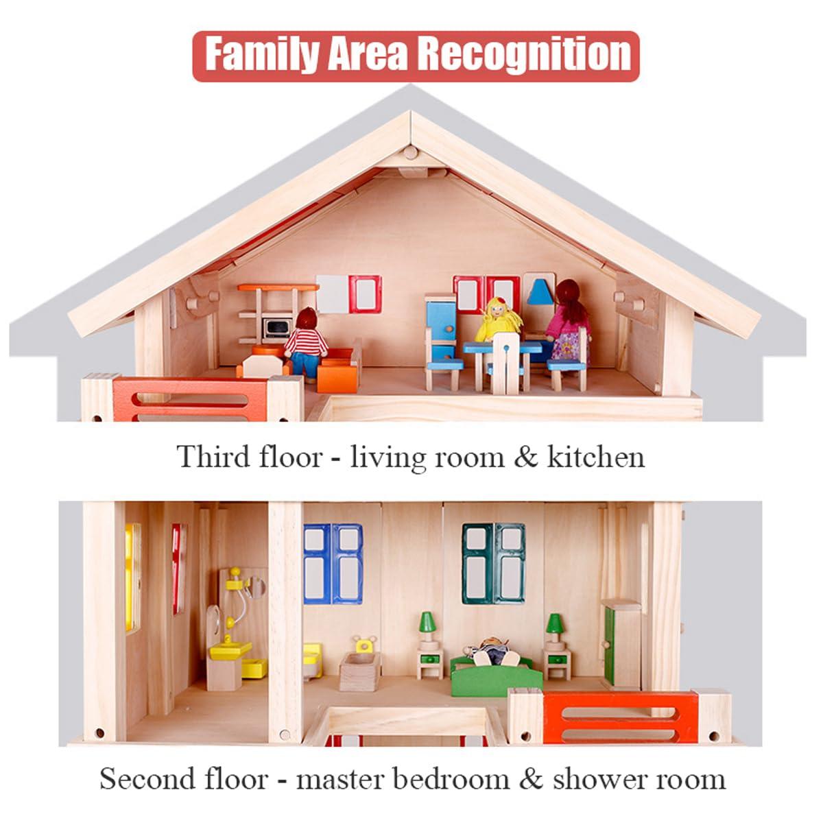 LANGWEI LANGWEI Wooden Dollhouse, Large 3-Story DIY Castle Doll House with Furnitures & Dolls, Mini House Building Kit Montessori Toys for Ages 3+