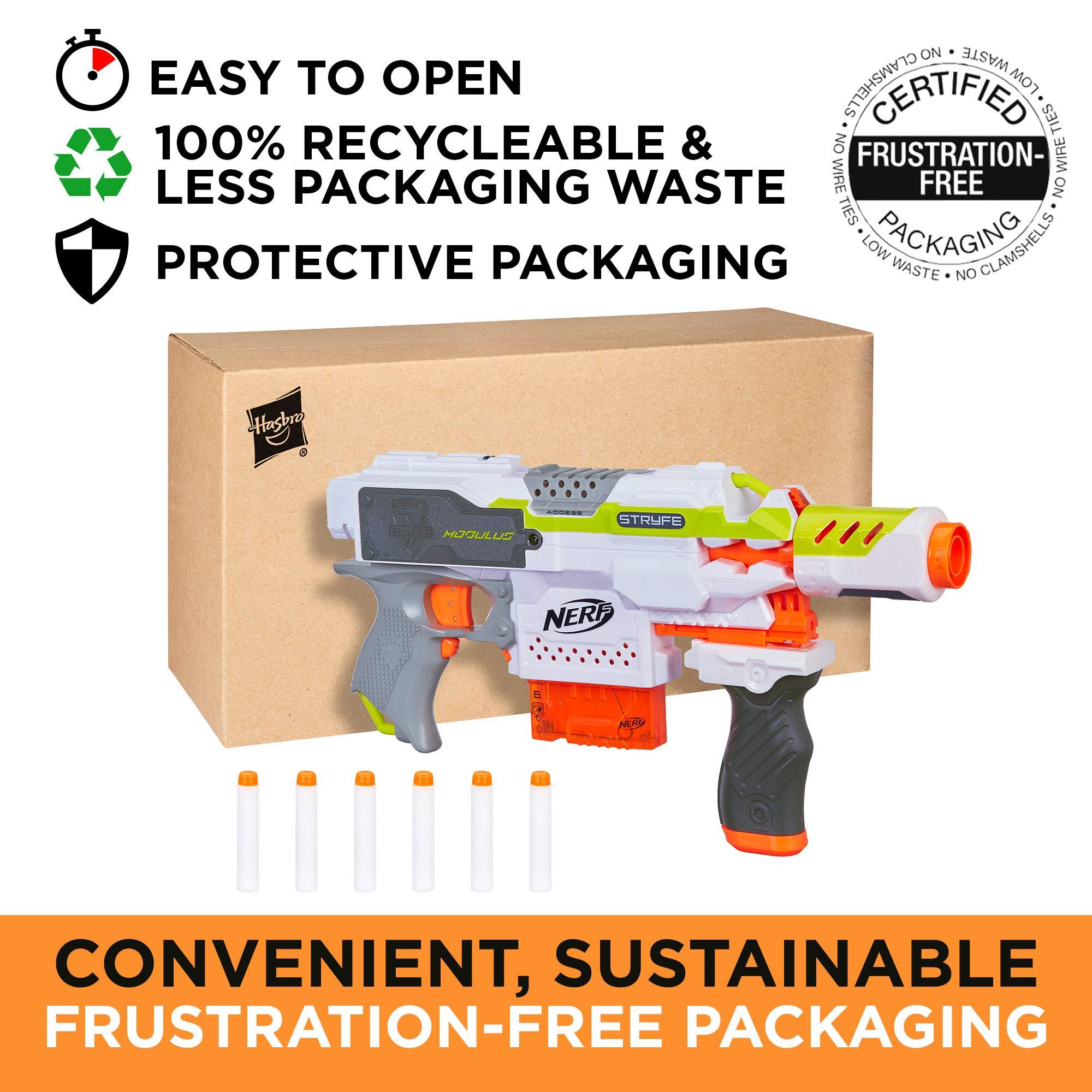 NERF Nerf Modulus Stryfe Motorized Blaster - Fires 6 Darts in a Row - Includes Drop Grip, Barrel Extension, 6-Dart Clip, 6 Nerf Elite Darts (Amazon Exclusive)