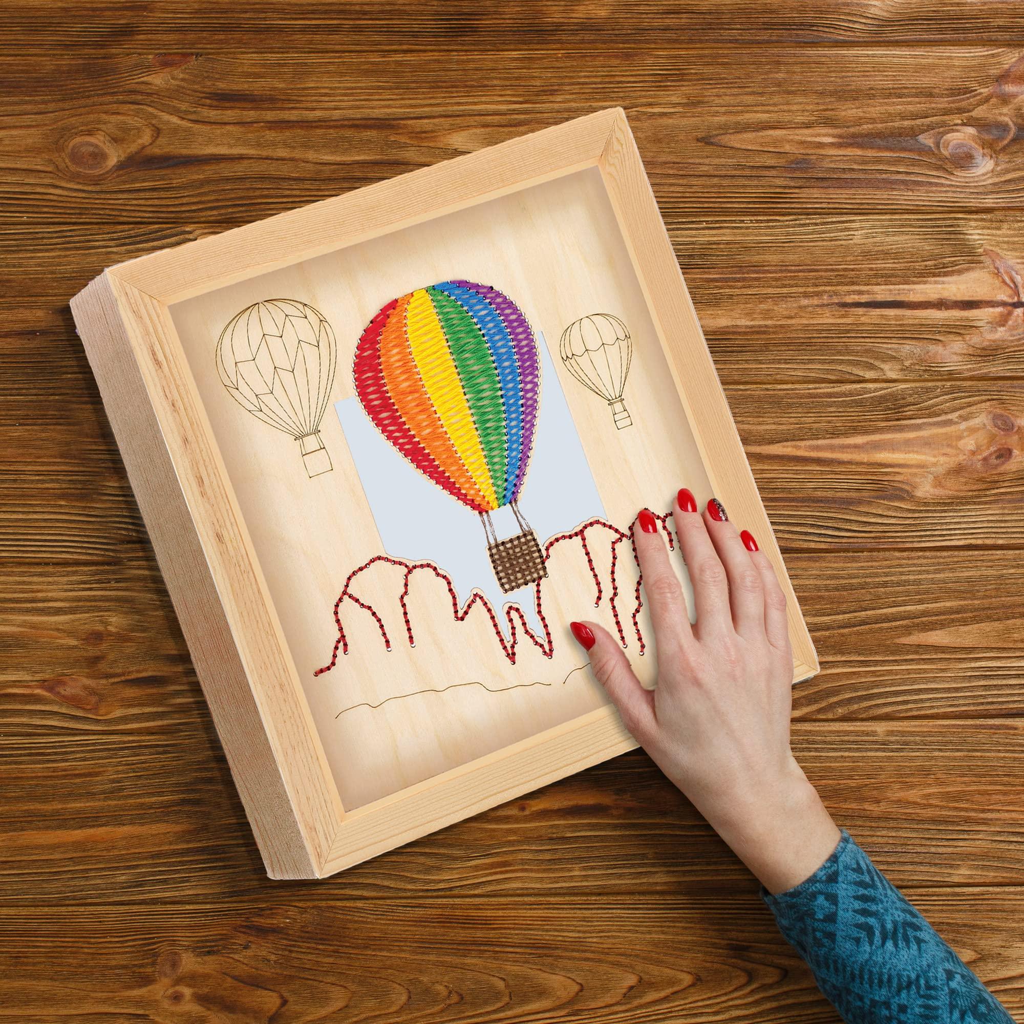 LEISURE ARTS Wood Stitched String Art Kit with Shadow Box Hot Air Balloon - Adult Or Kids Craft - Craft Kits for Teens String Art Kit for Adults 3D 3D Kids 10.75"