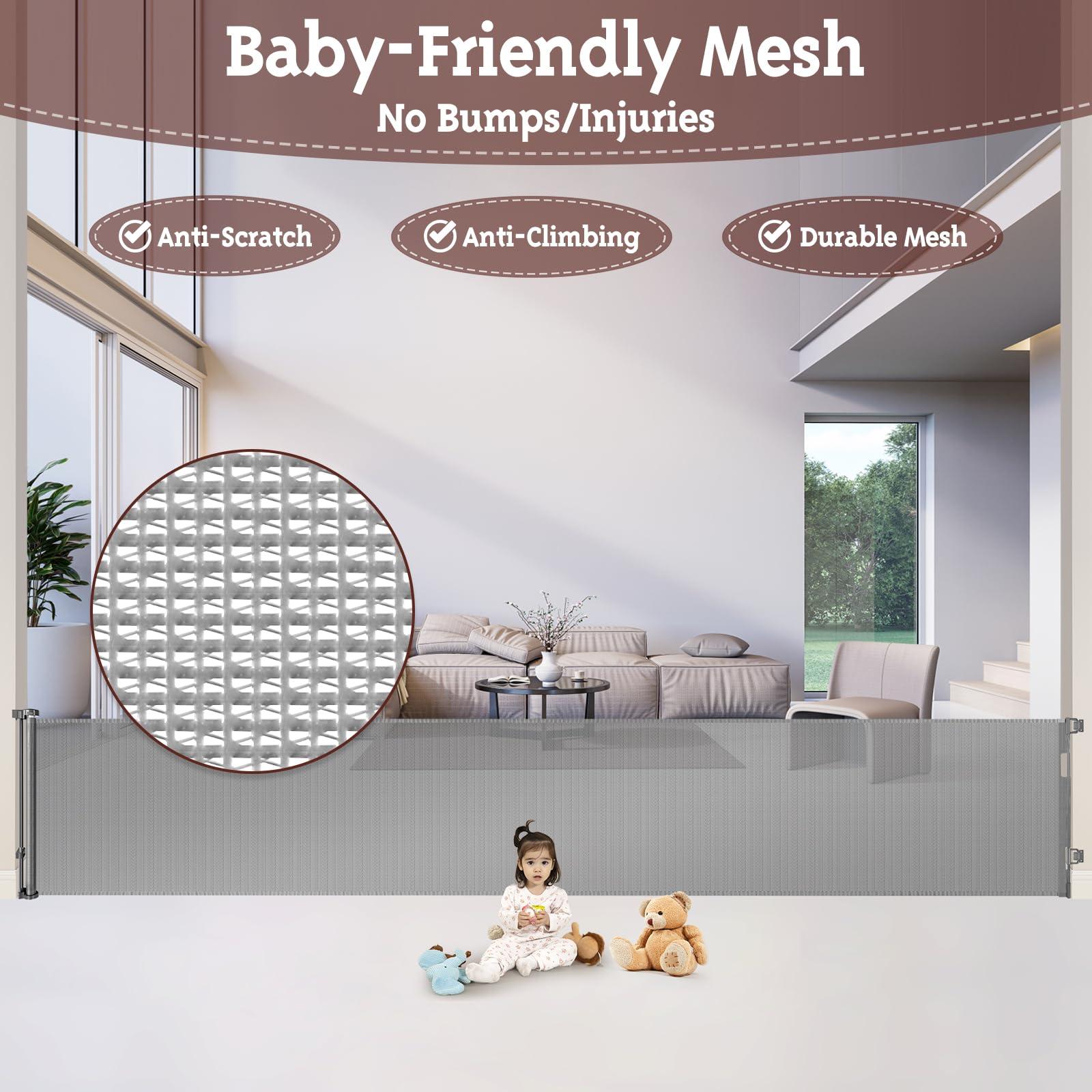 KISKIZ 160 Inch Retractable Baby Gates for Extra Wide Openings Retractable Dog Gate Indoor Outdoor Retractable Gate Extra Long Baby Gate Extra Large Dog Gate for Doorways, Porches Garage Gate Deck Gate, Gray