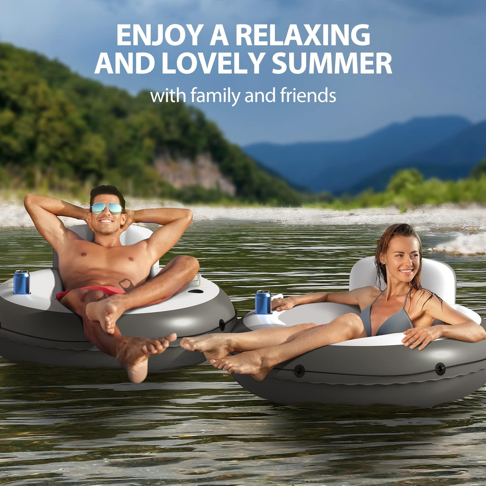 QPAU QPAU Inflatable Tube, 0.4 mm Thickened Puncture-Resistant Heavy Duty Float, River Raft with Ergonomic Backrest, Mesh Bottom & 2 Cup Holders for Family Friends Lake Float