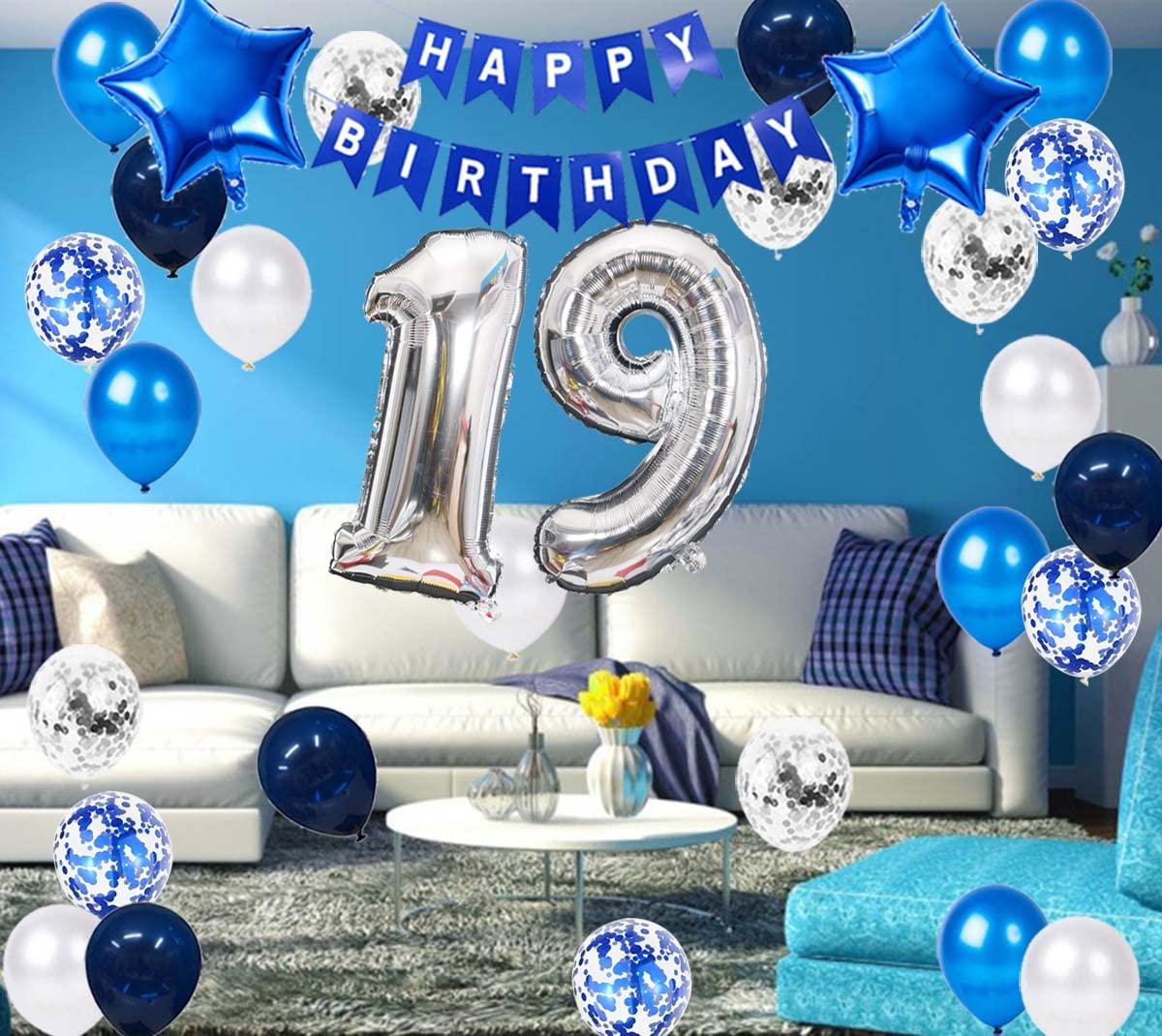 JumDaQQ 19th Birthday Party Decoration for Boys, Happy Birthday Banner Blue Number 19 Birthday Balloons 19th Birthday Latex Confetti Balloon for Boys Him Son 19 Years Old Birthday Decoration Supplies(19th)