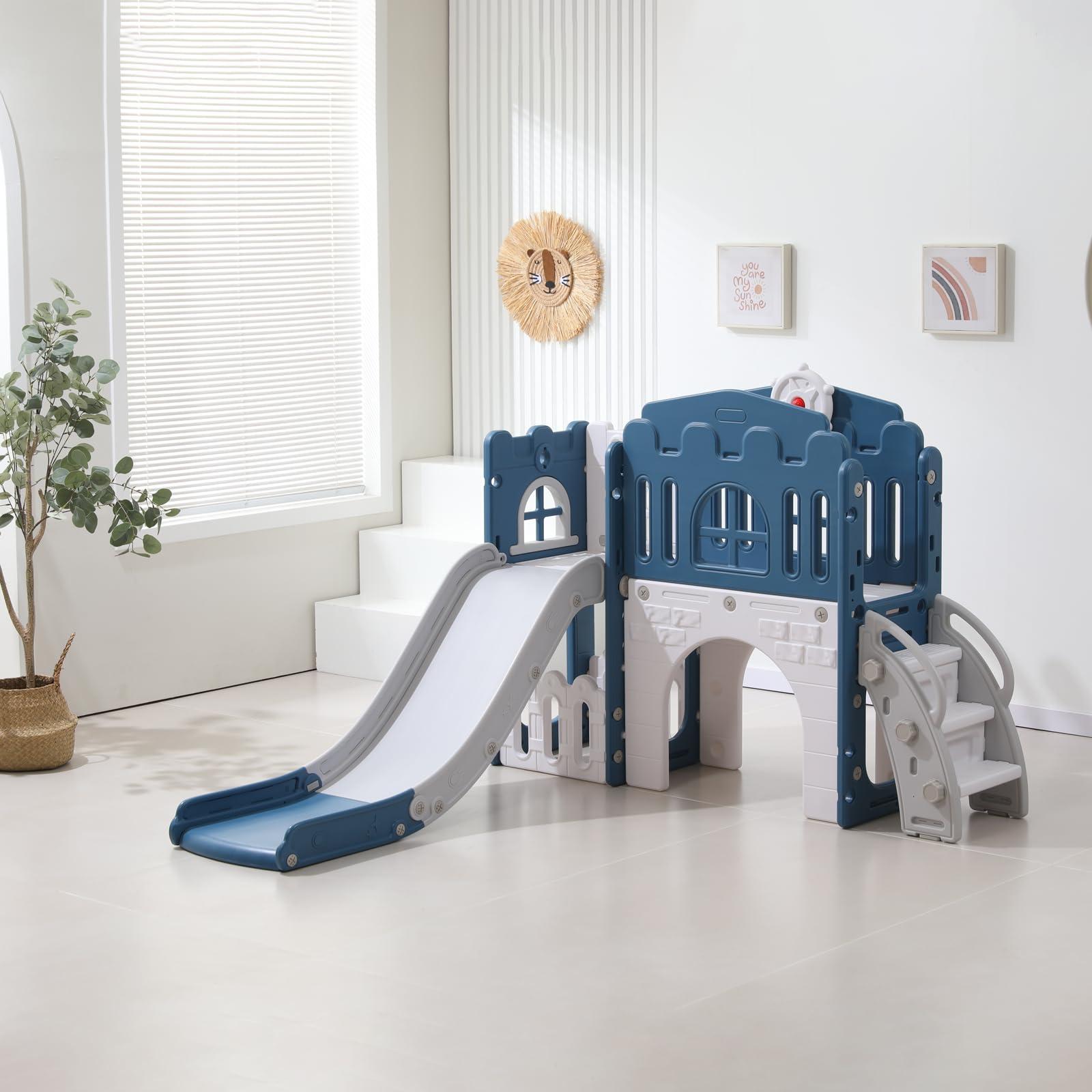 Dovsa Toddler Slides Indoor and Outdoor Playground Sets for Little Kids Age 1-3 Toddler Backyard Playset Toys Climb and Slide (Blue 8 in 1)