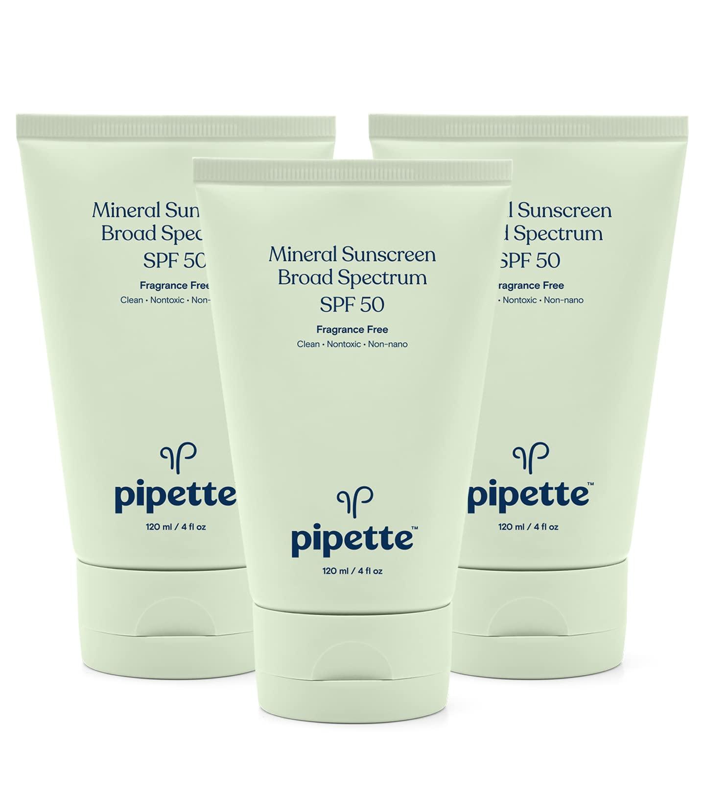 Pipette Pipette Mineral Sunscreen - SPF 50 Broad Spectrum Baby Sunblock with Non-Nano Zinc, UVB/UVA Non-Toxic Sun Protection for Kids & Sensitive Skin, 4fl oz (3 pack)