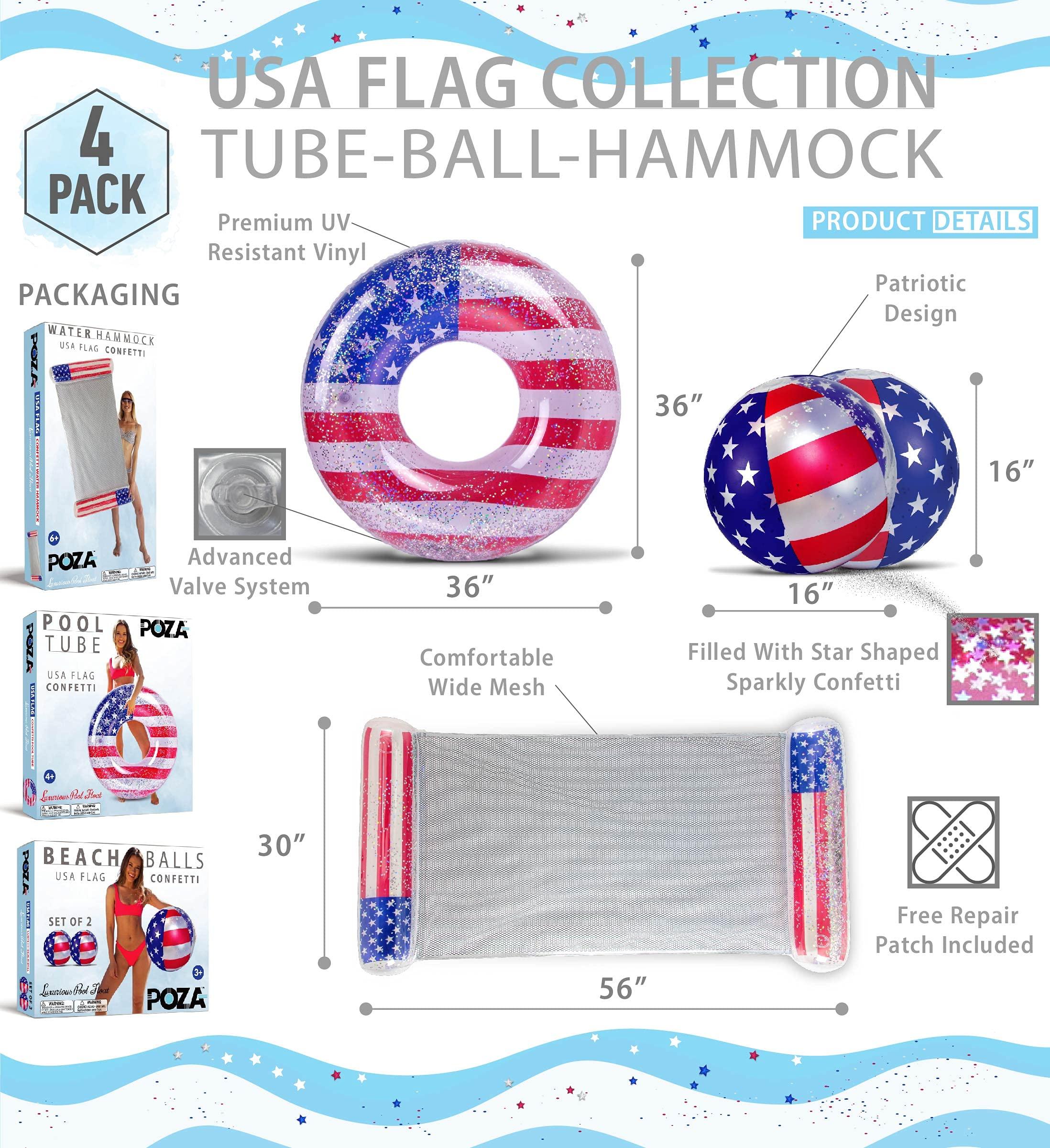 POZA POZA Inflatable USA Pool Floats - Luxurious Swim Floats Filled with Sparkling Silver Confetti Stars, Adults and Kids Swimming Pool Floats, Cool American Flag Floats for Pool, Beach, and Lake - 3 Packs