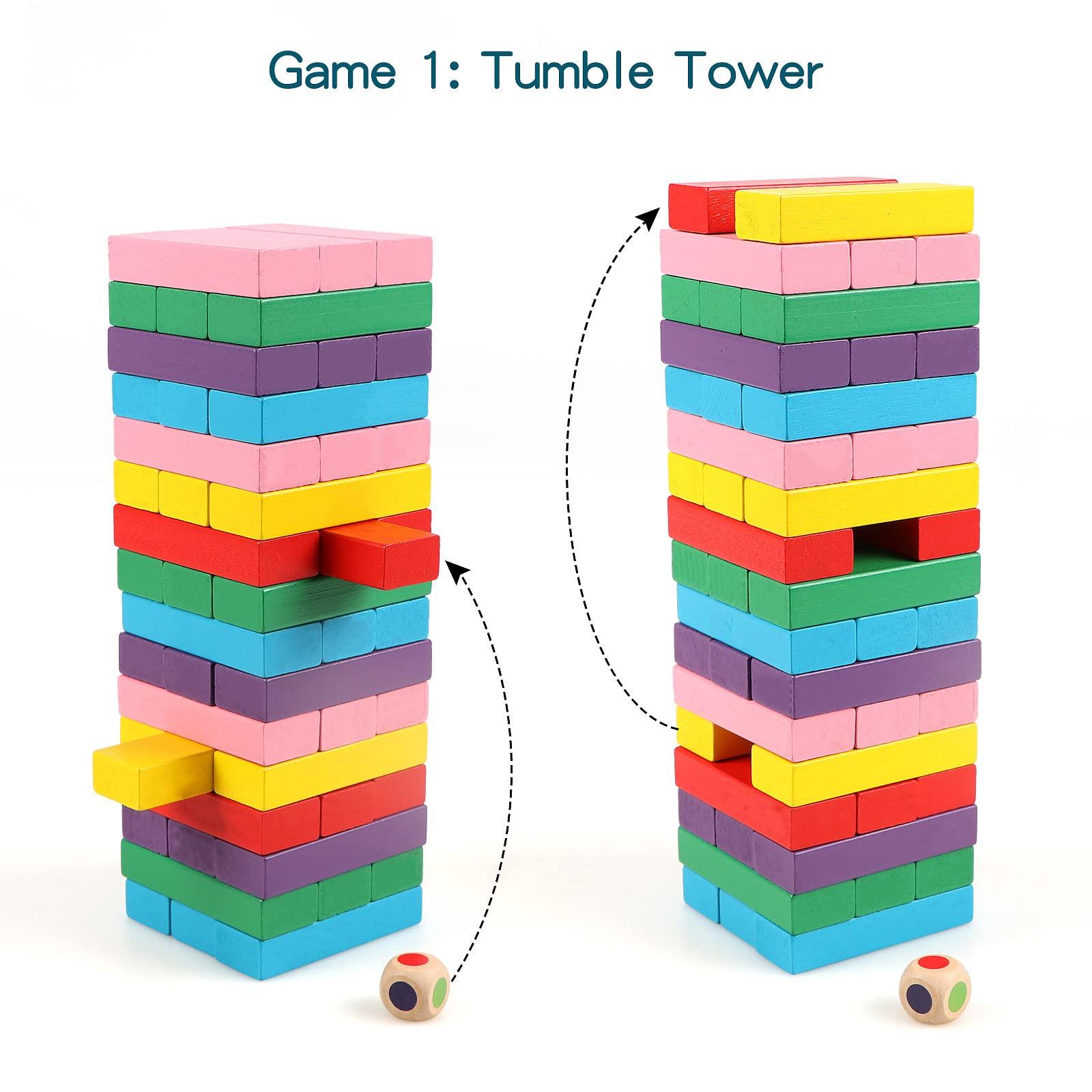 Canuan Canuan Wooden Blocks Stacking Games, 48PCS Tumbling Stacking Blocks Game for Kids and Families, Wood Colorful Balancing Blocks Montessori Toys for Kids with Storage Bag